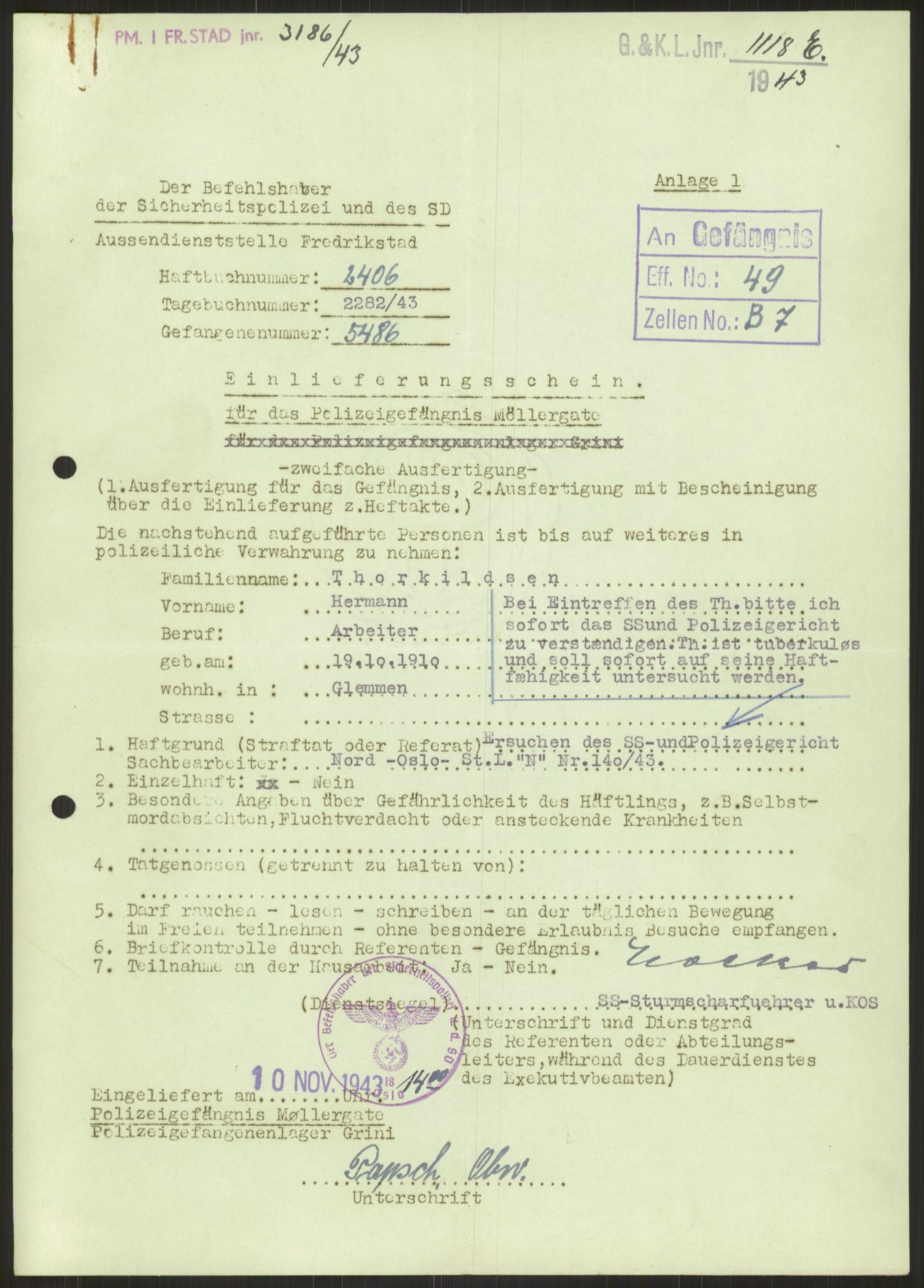 Befehlshaber der Sicherheitspolizei und des SD, RA/RAFA-5969/E/Ea/Eae/L0002: Einlieferungsschein 5110-5800, 1943