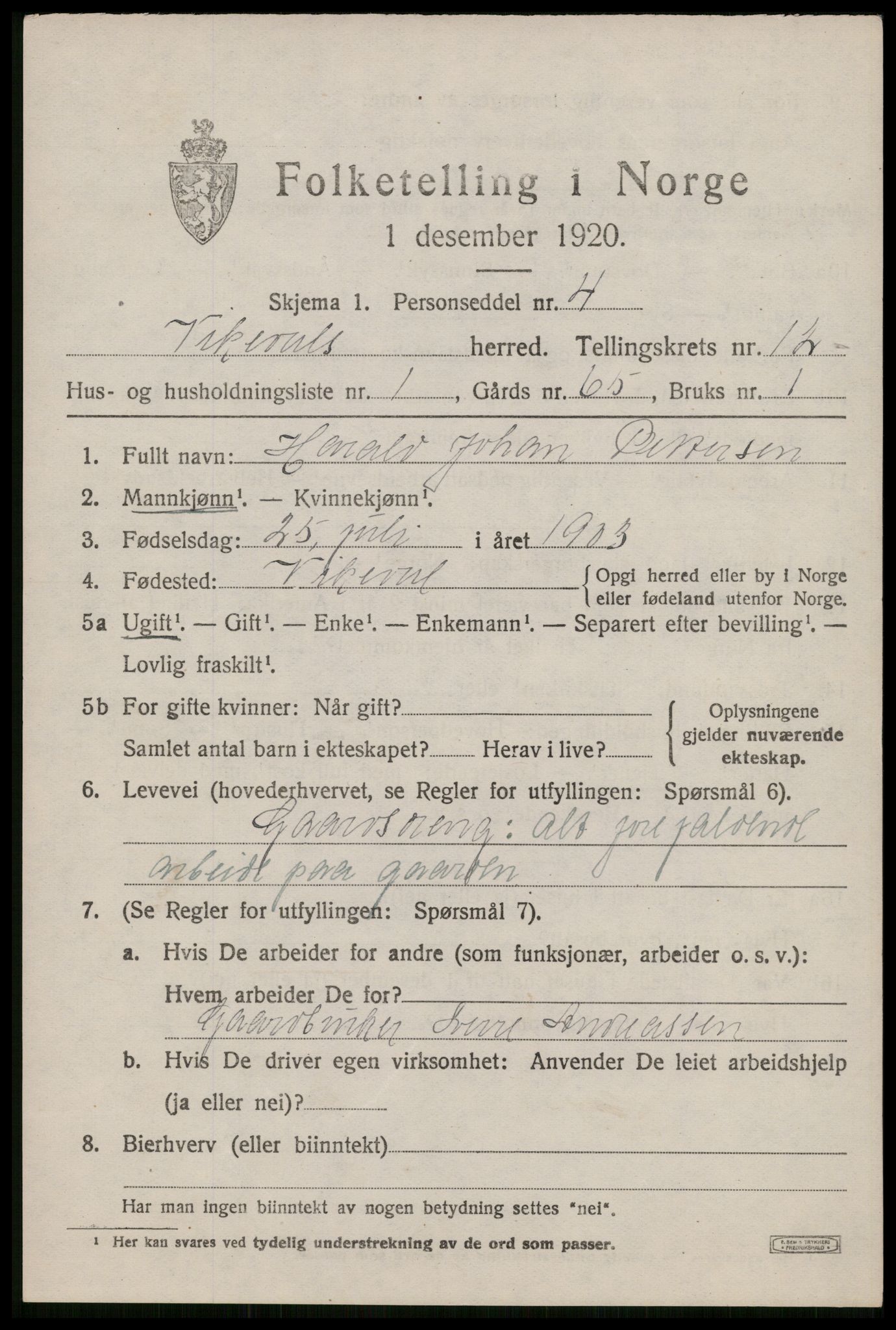 SAST, 1920 census for Vikedal, 1920, p. 3765