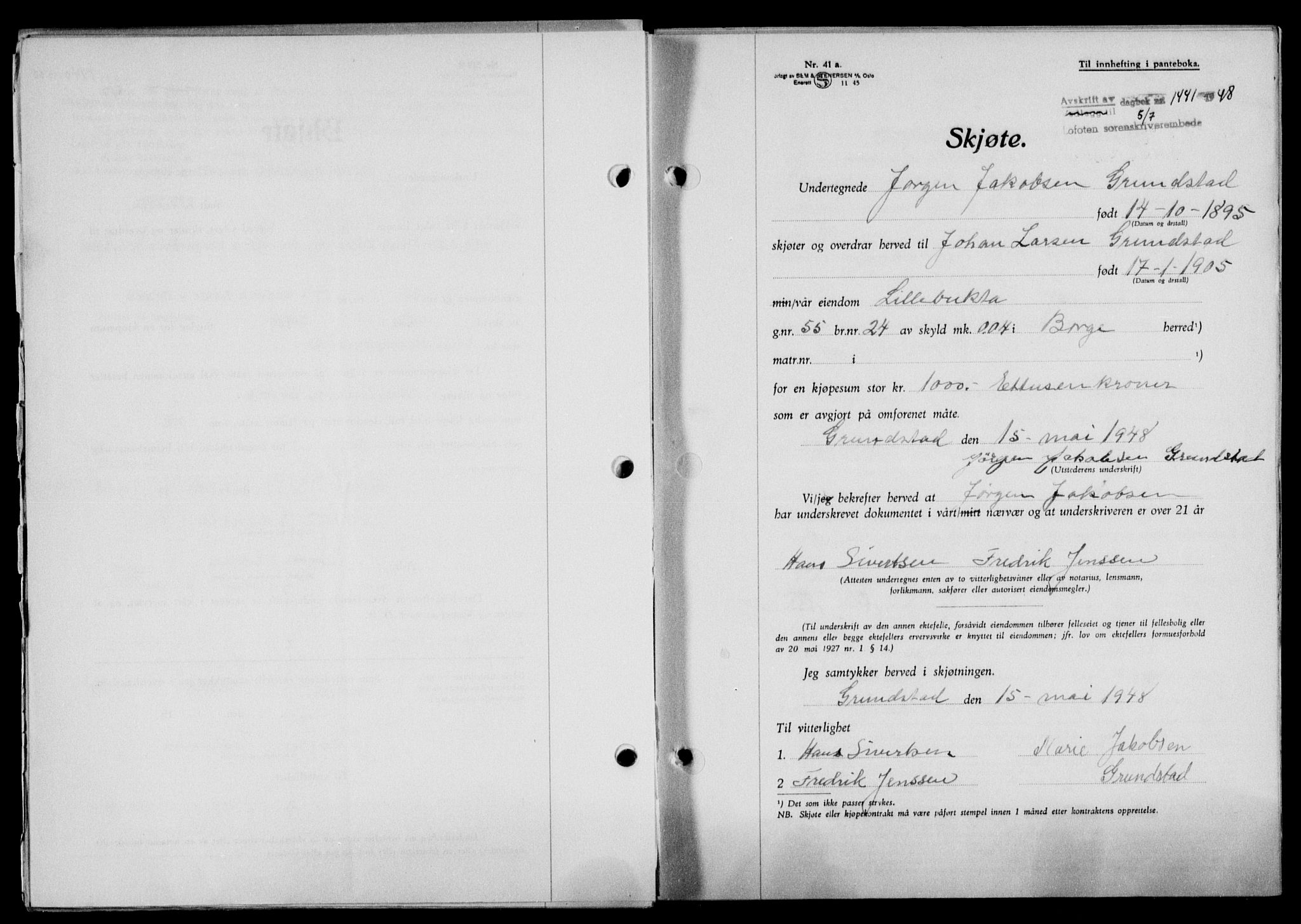 Lofoten sorenskriveri, SAT/A-0017/1/2/2C/L0018a: Mortgage book no. 18a, 1948-1948, Diary no: : 1441/1948