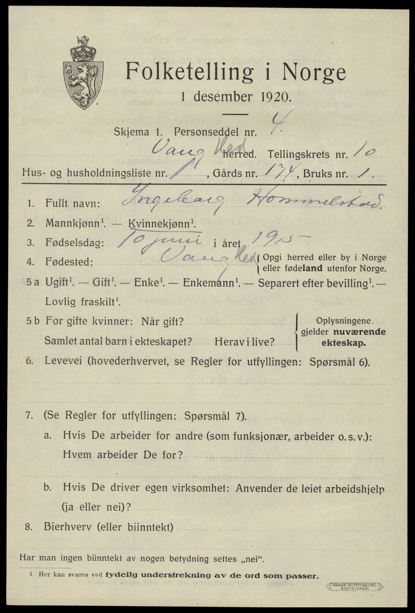 SAH, 1920 census for Vang (Hedmark), 1920, p. 19397