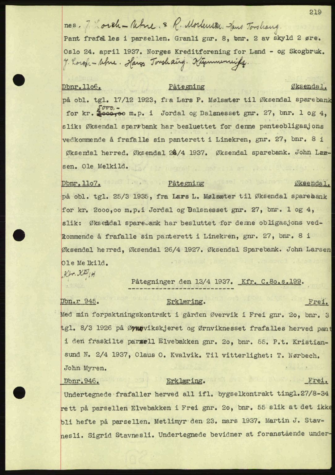 Nordmøre sorenskriveri, AV/SAT-A-4132/1/2/2Ca: Mortgage book no. C80, 1936-1939, Diary no: : 1106/1937