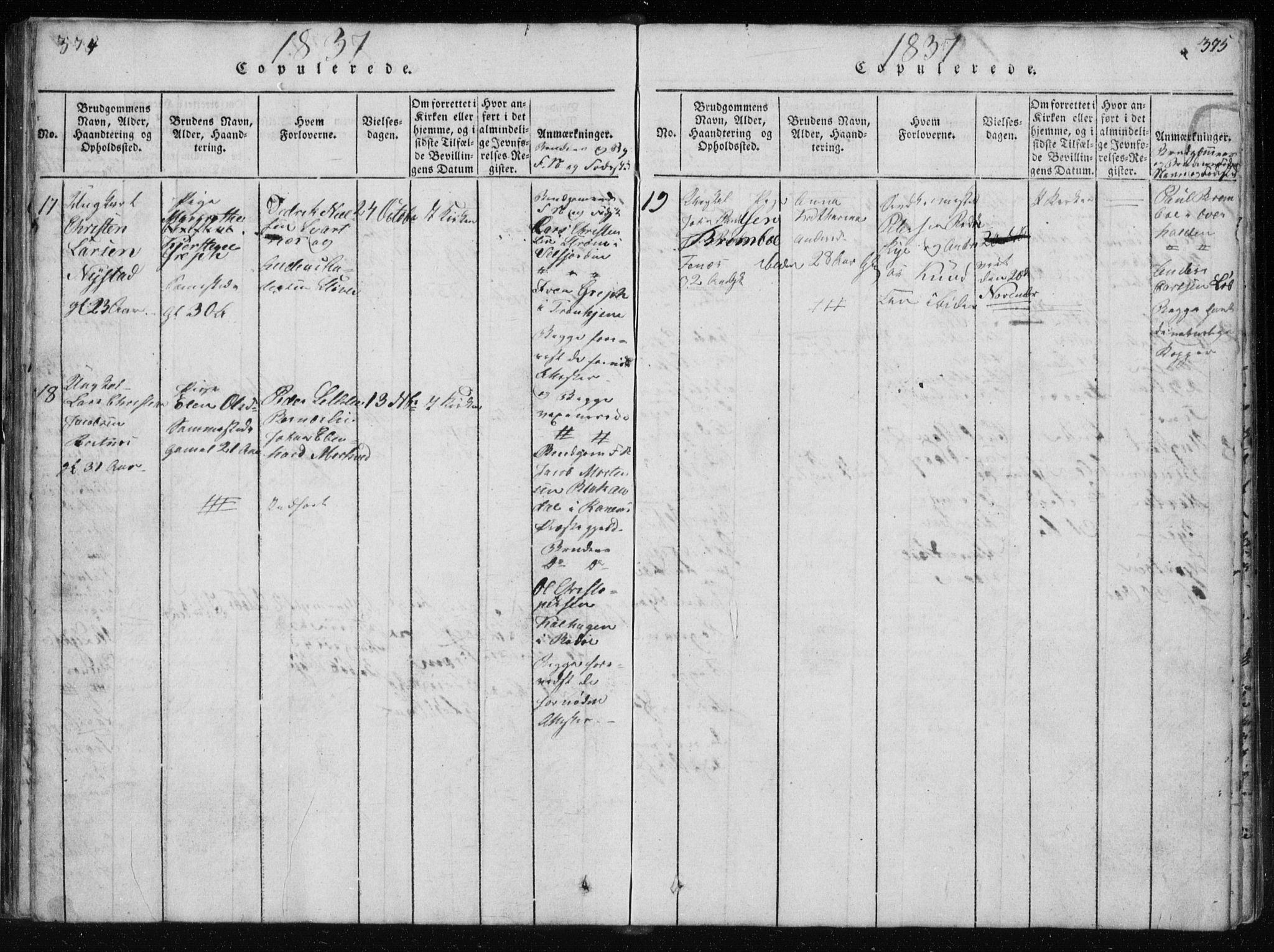 Ministerialprotokoller, klokkerbøker og fødselsregistre - Nordland, AV/SAT-A-1459/801/L0027: Parish register (copy) no. 801C02, 1835-1845, p. 374-375