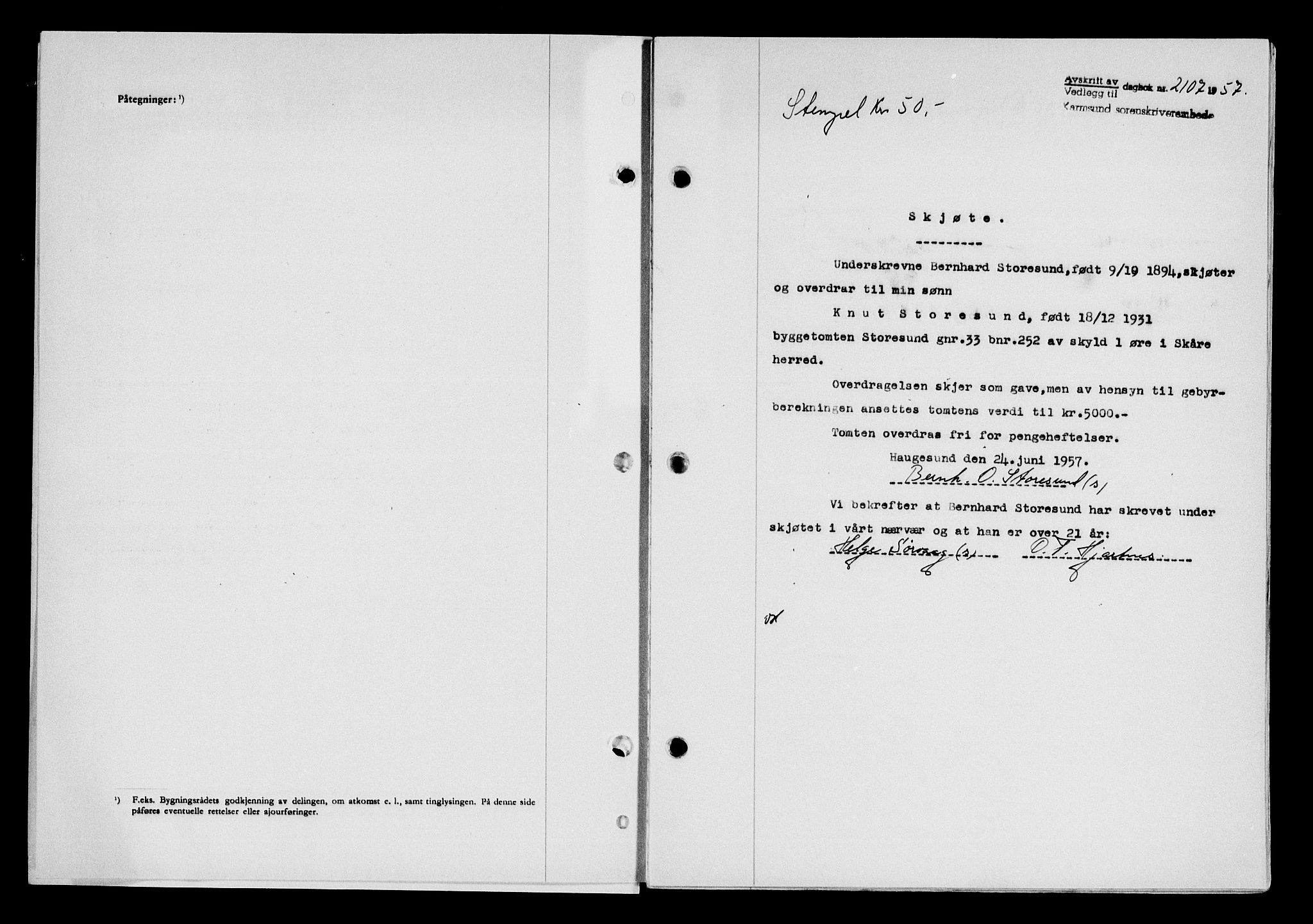 Karmsund sorenskriveri, AV/SAST-A-100311/01/II/IIB/L0125: Mortgage book no. 105A, 1957-1957, Diary no: : 2107/1957