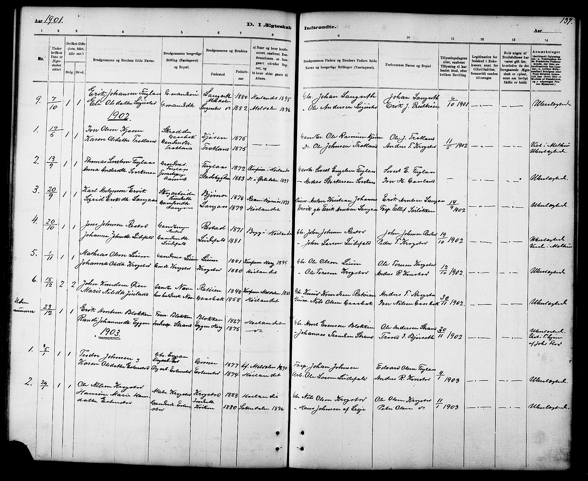 Ministerialprotokoller, klokkerbøker og fødselsregistre - Sør-Trøndelag, SAT/A-1456/694/L1132: Parish register (copy) no. 694C04, 1887-1914, p. 137