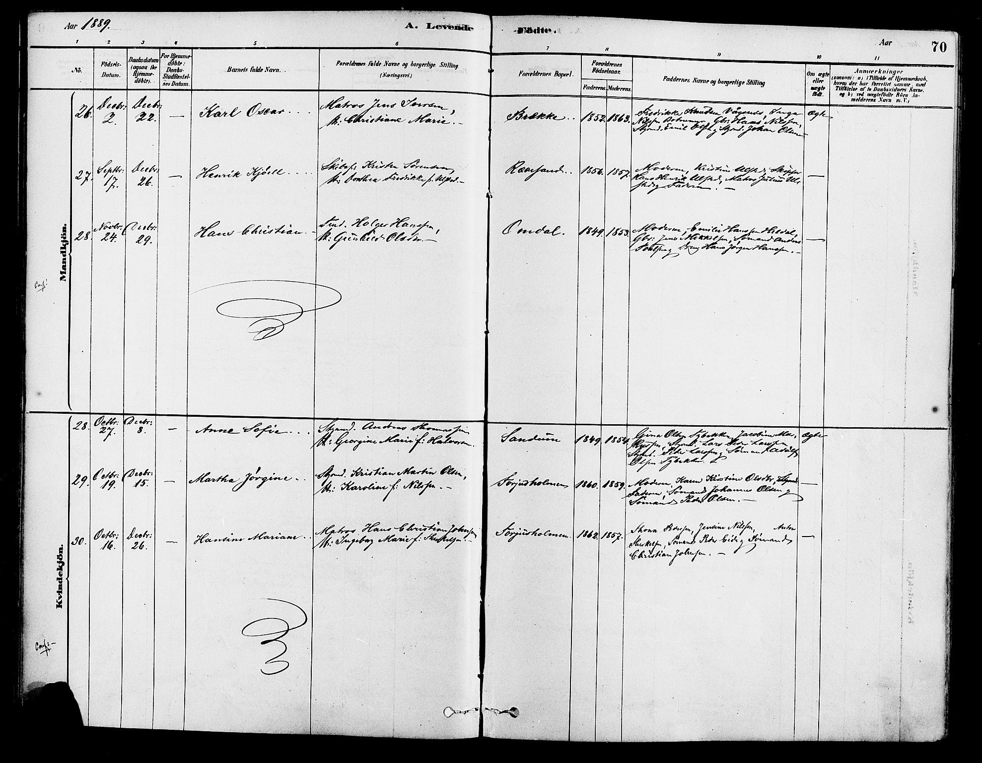 Tromøy sokneprestkontor, AV/SAK-1111-0041/F/Fa/L0009: Parish register (official) no. A 9, 1878-1896, p. 70