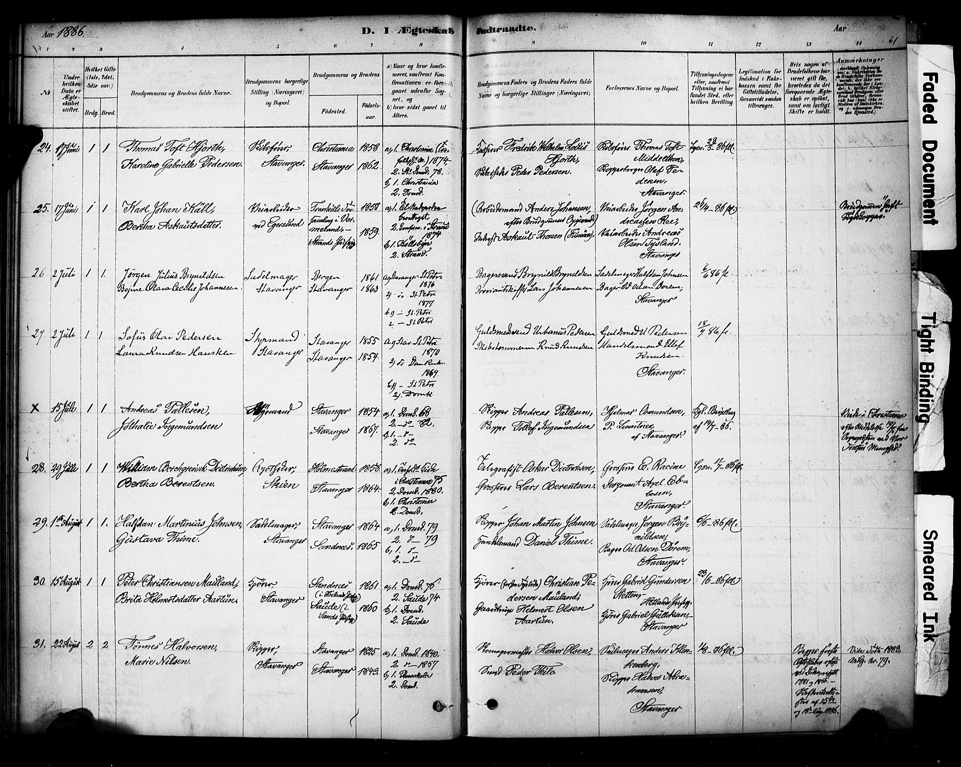 Domkirken sokneprestkontor, SAST/A-101812/001/30/30BA/L0029: Parish register (official) no. A 28, 1878-1904, p. 61
