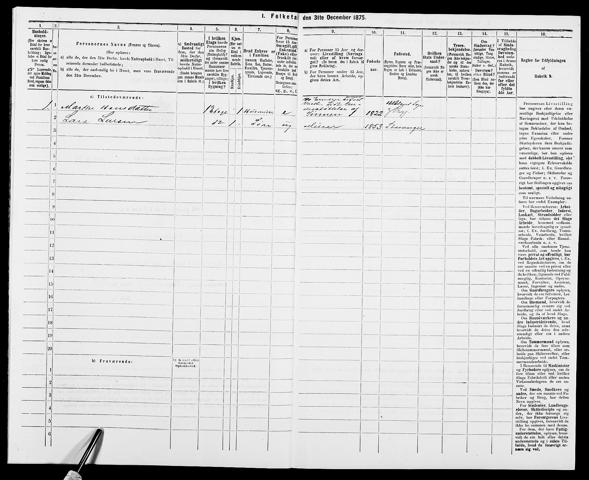 SAK, 1875 census for 0905B Vestre Moland/Lillesand, 1875, p. 16