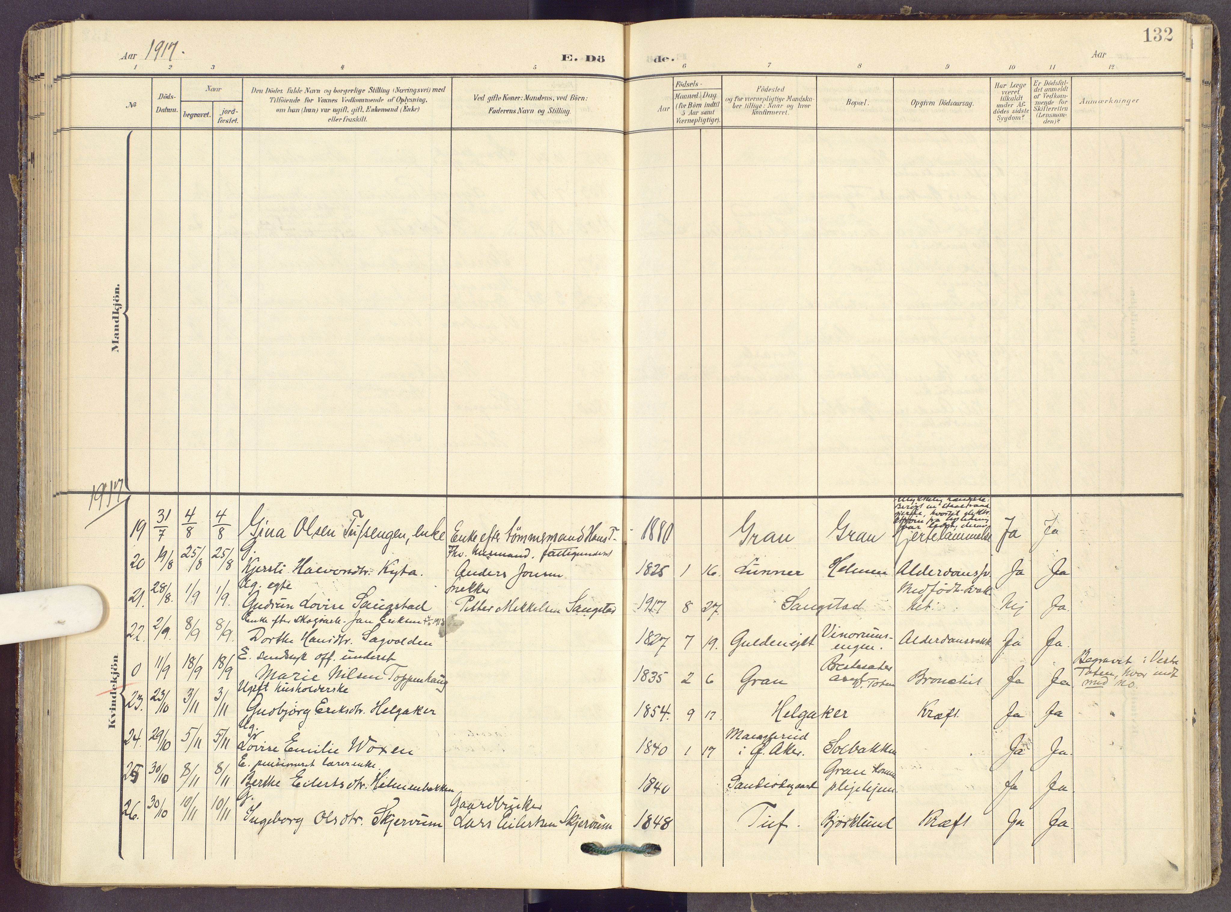 Gran prestekontor, AV/SAH-PREST-112/H/Ha/Haa/L0022: Parish register (official) no. 22, 1908-1918, p. 132