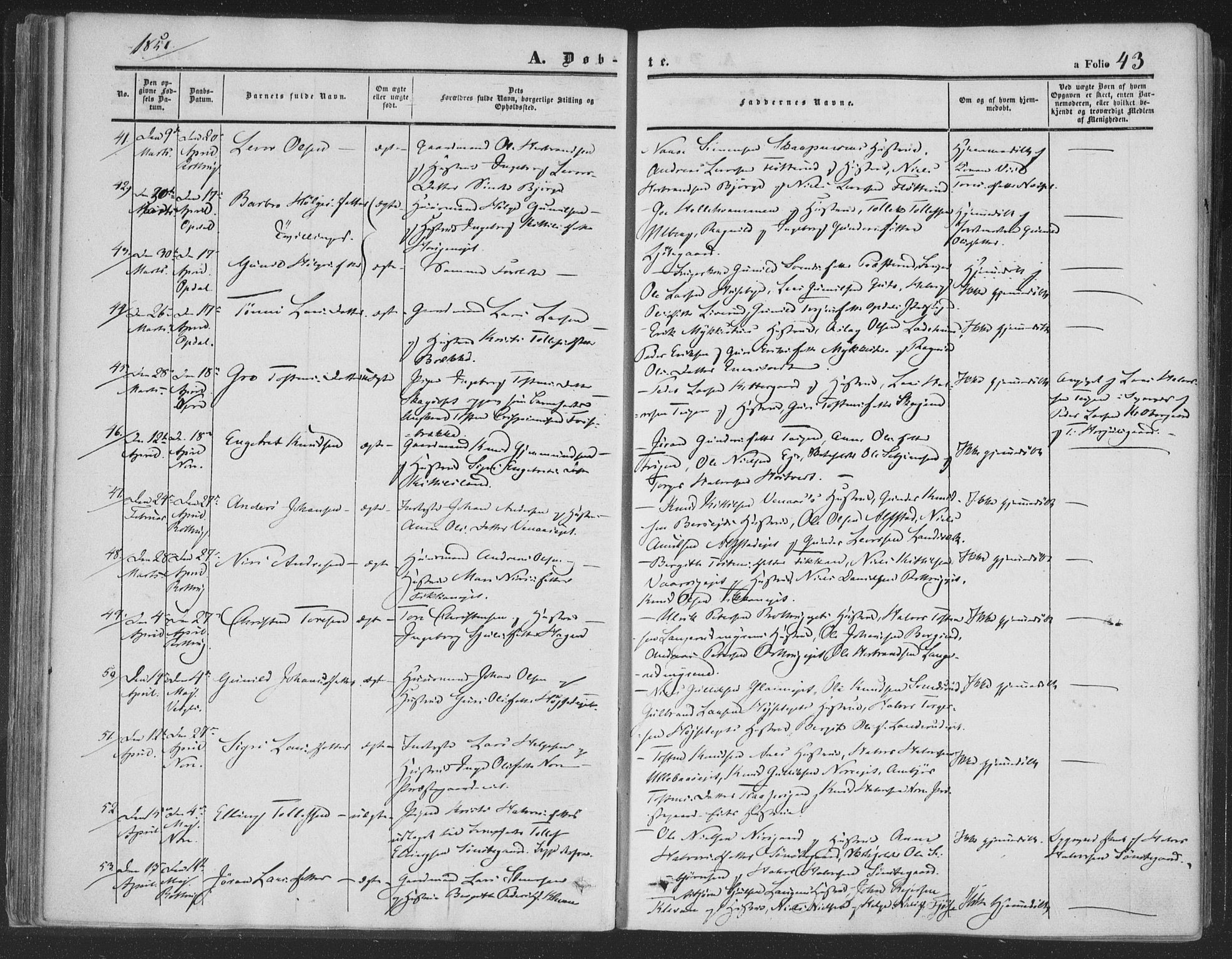 Rollag kirkebøker, SAKO/A-240/F/Fa/L0008: Parish register (official) no. I 8, 1847-1860, p. 43