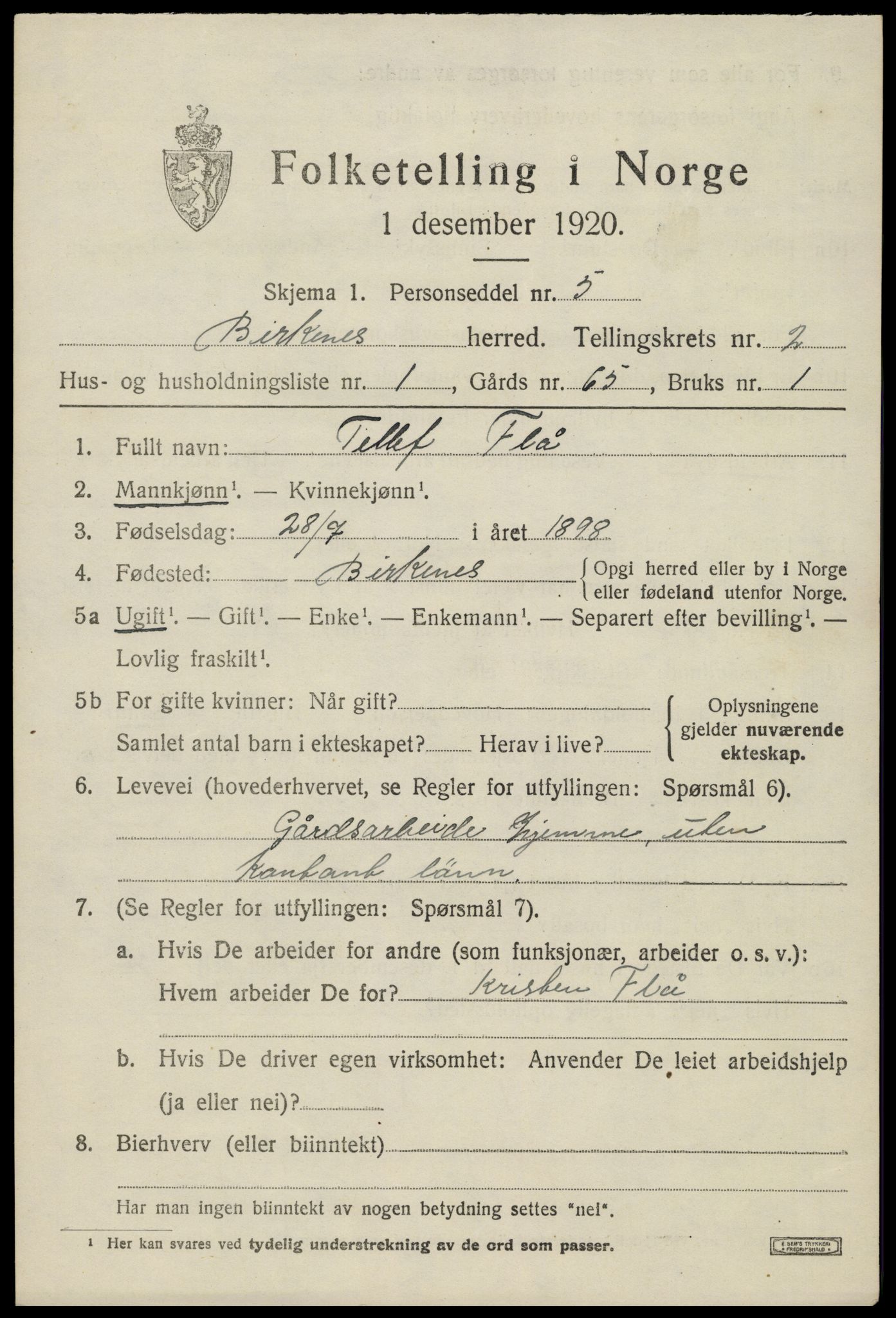 SAK, 1920 census for Birkenes, 1920, p. 1071