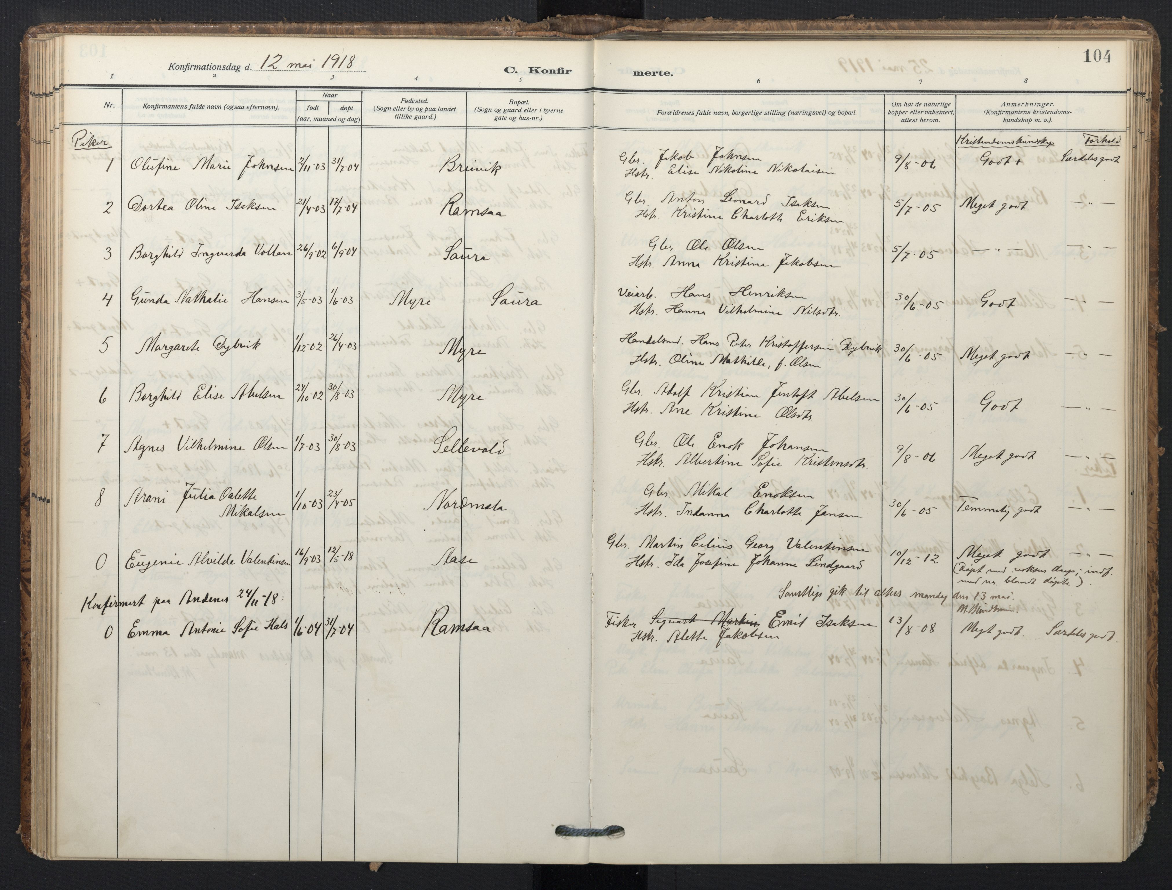 Ministerialprotokoller, klokkerbøker og fødselsregistre - Nordland, SAT/A-1459/897/L1401: Parish register (official) no. 897A08, 1909-1921, p. 104