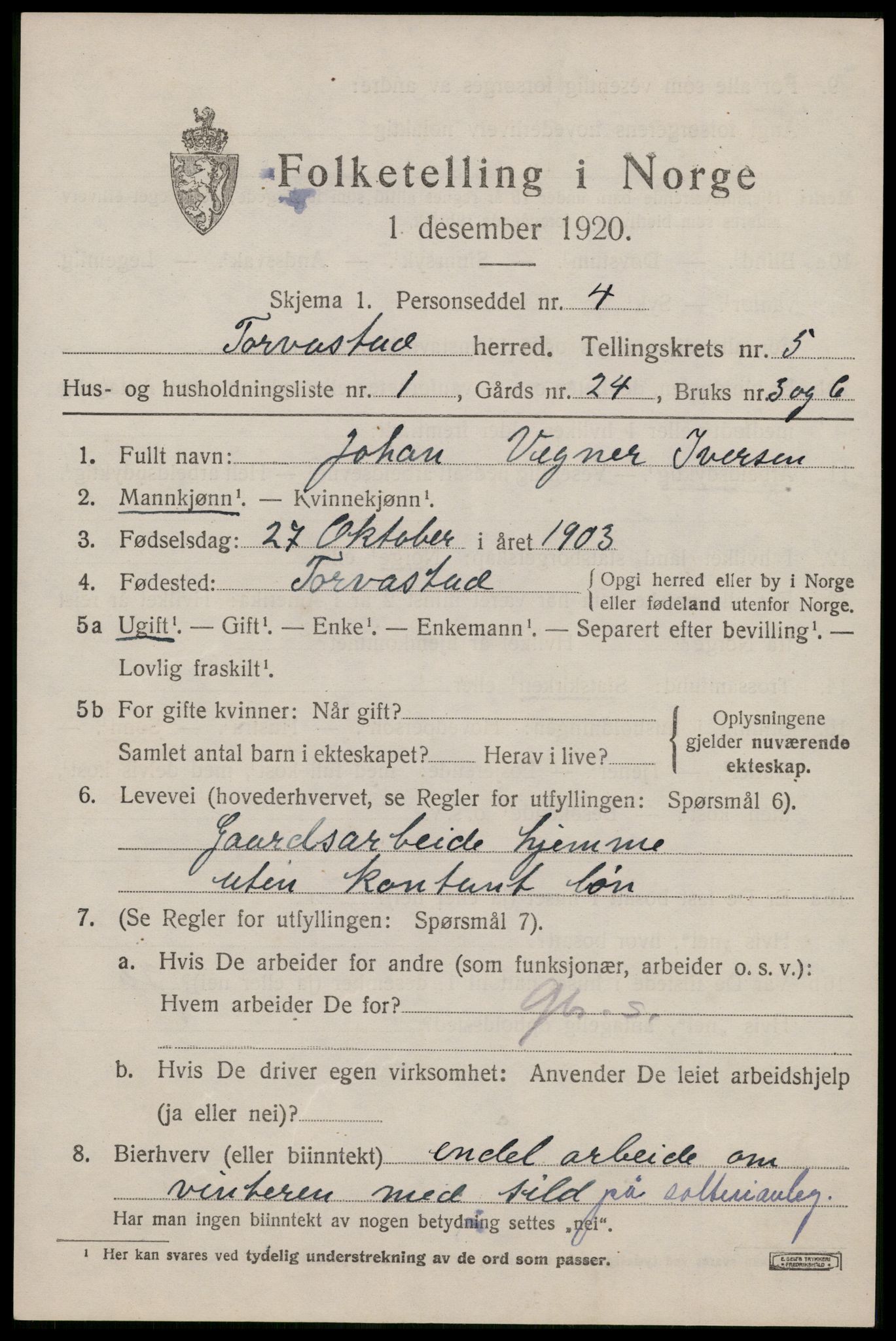 SAST, 1920 census for Torvastad, 1920, p. 4282