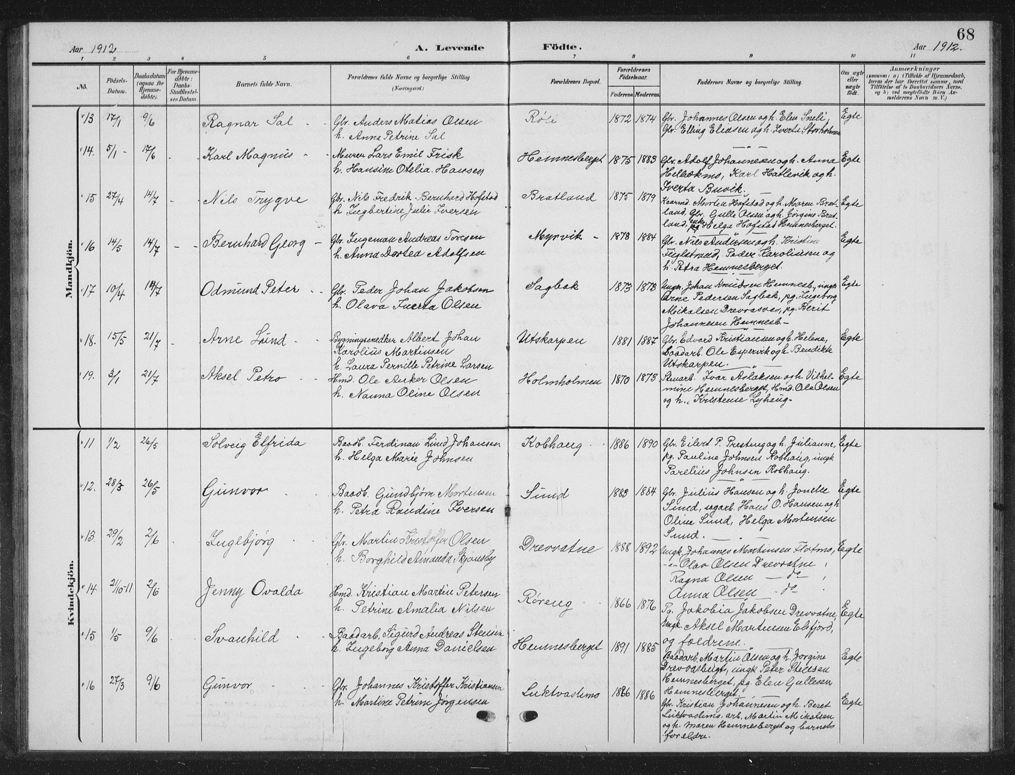 Ministerialprotokoller, klokkerbøker og fødselsregistre - Nordland, AV/SAT-A-1459/825/L0370: Parish register (copy) no. 825C07, 1903-1923, p. 68