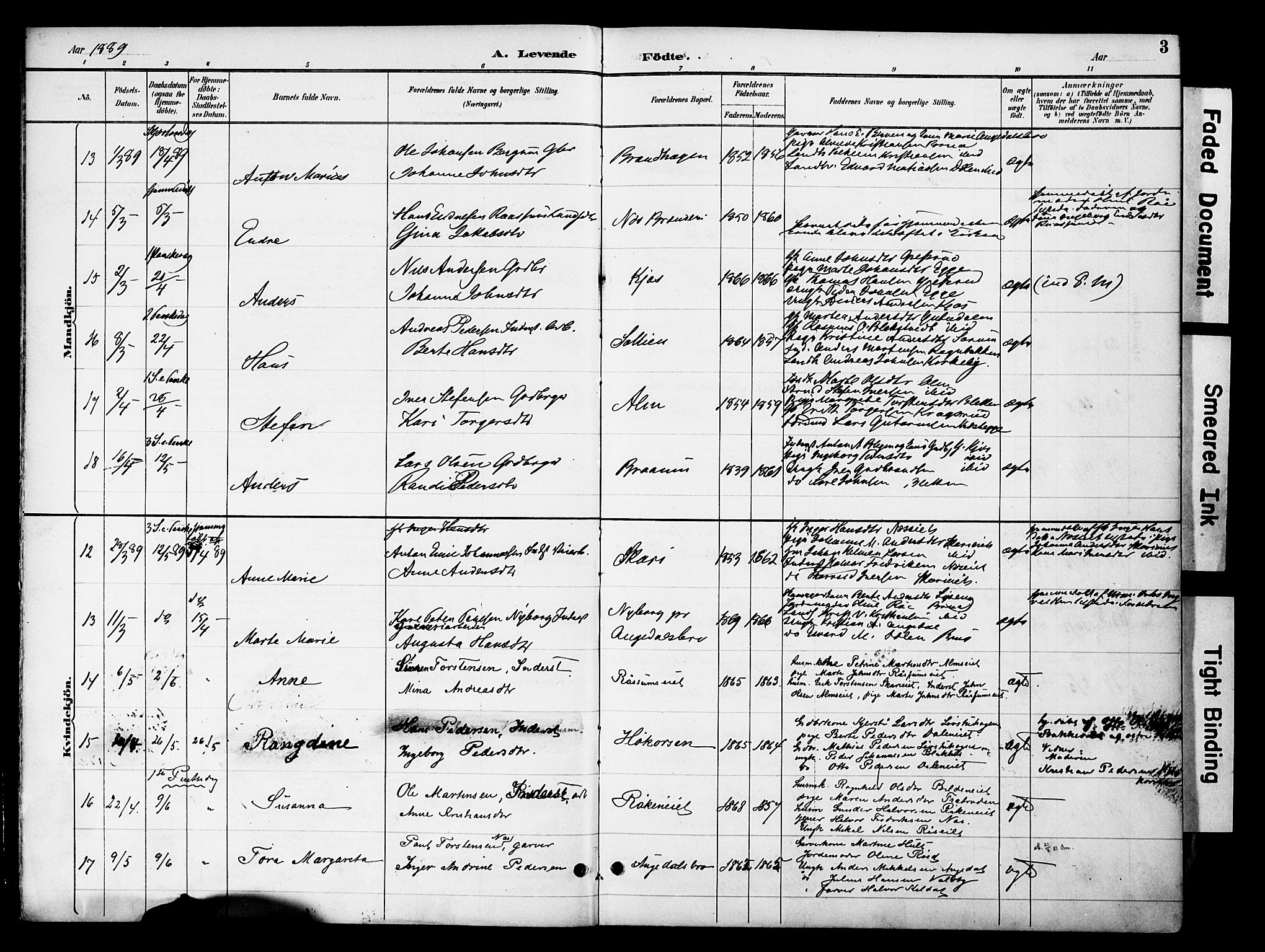 Gran prestekontor, AV/SAH-PREST-112/H/Ha/Haa/L0020: Parish register (official) no. 20, 1889-1899, p. 3