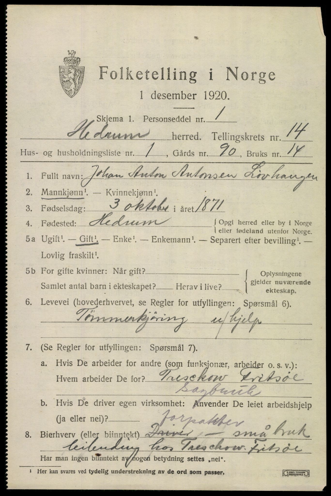 SAKO, 1920 census for Hedrum, 1920, p. 9095