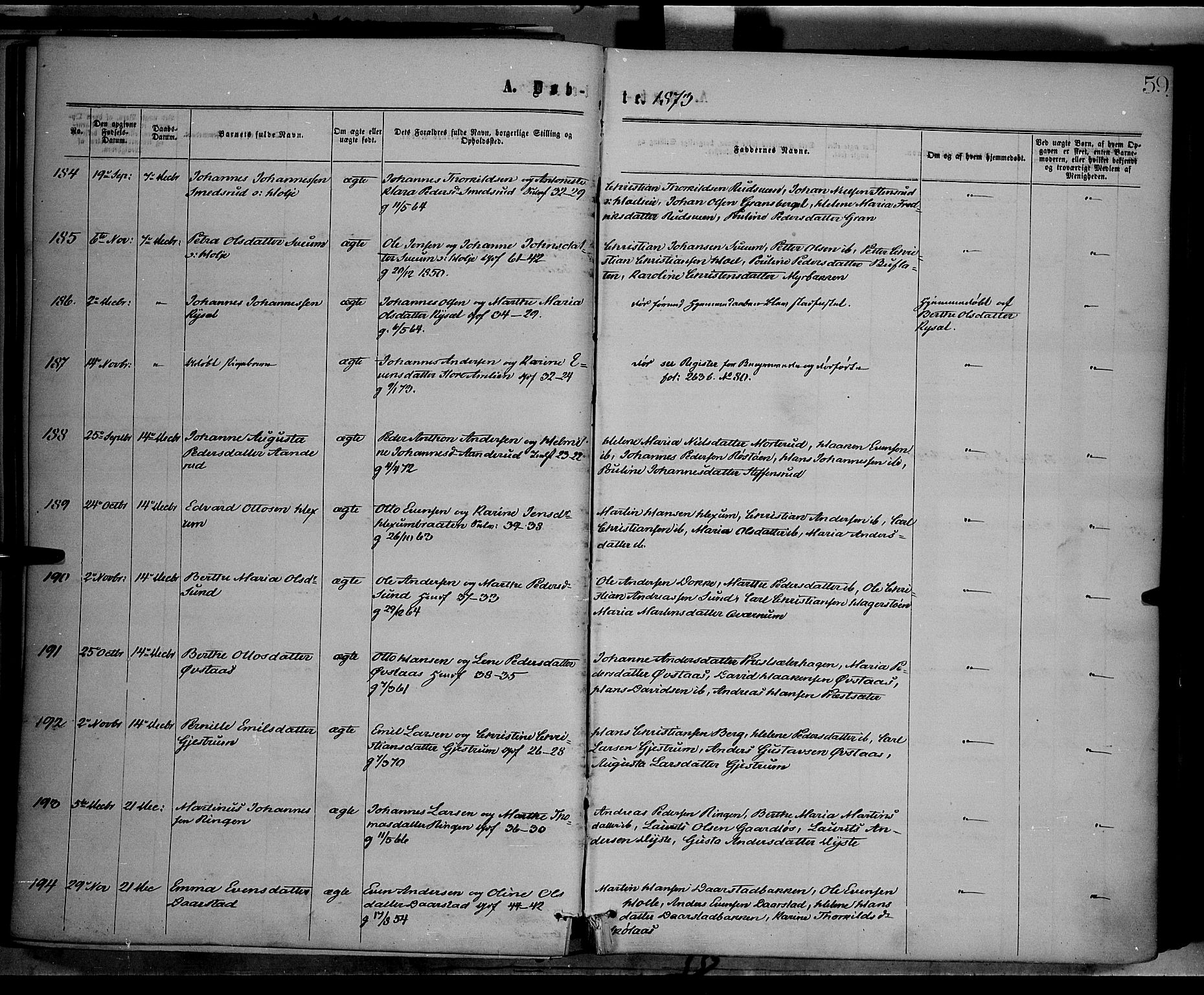 Vestre Toten prestekontor, SAH/PREST-108/H/Ha/Haa/L0008: Parish register (official) no. 8, 1870-1877, p. 59