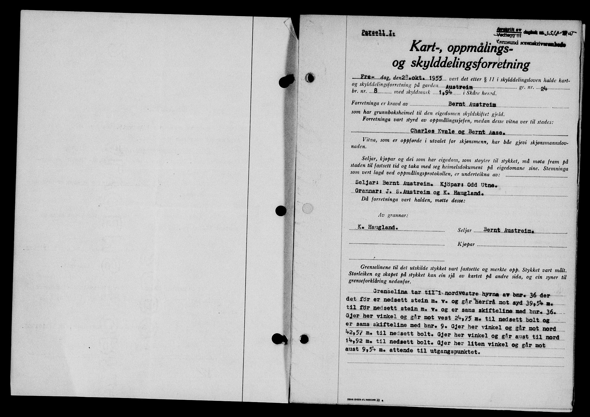 Karmsund sorenskriveri, SAST/A-100311/01/II/IIB/L0117: Mortgage book no. 97Aa, 1955-1955, Diary no: : 3538/1955