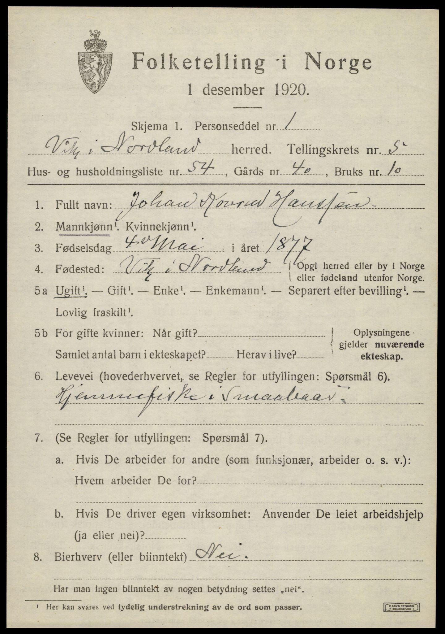 SAT, 1920 census for Vik, 1920, p. 3563