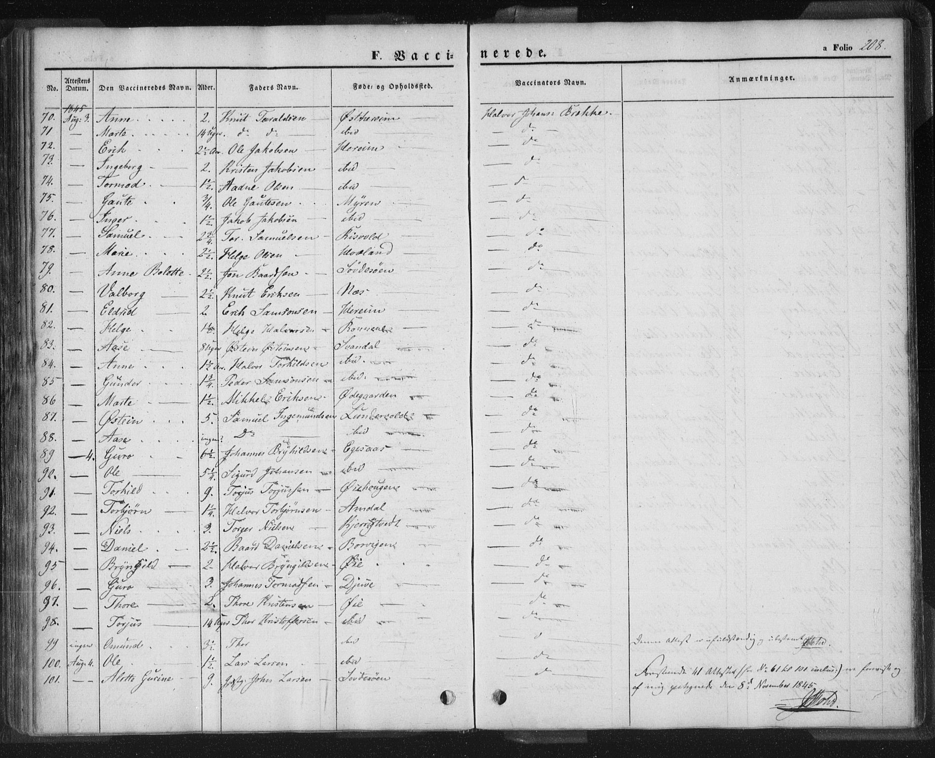 Sand sokneprestkontor, AV/SAST-A-101848/01/III/L0002: Parish register (official) no. A 2, 1838-1859, p. 208