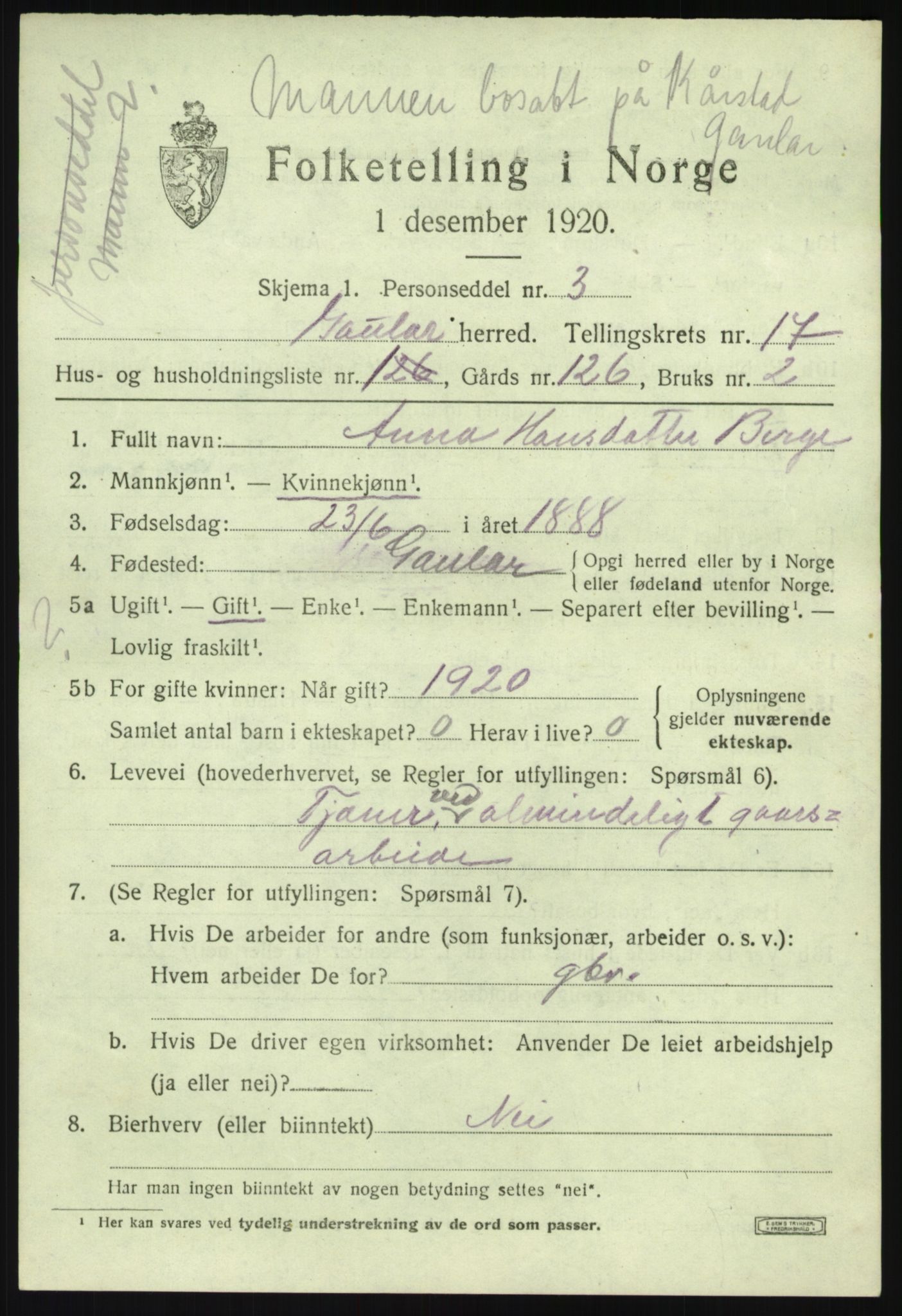 SAB, 1920 census for Gaular, 1920, p. 7466