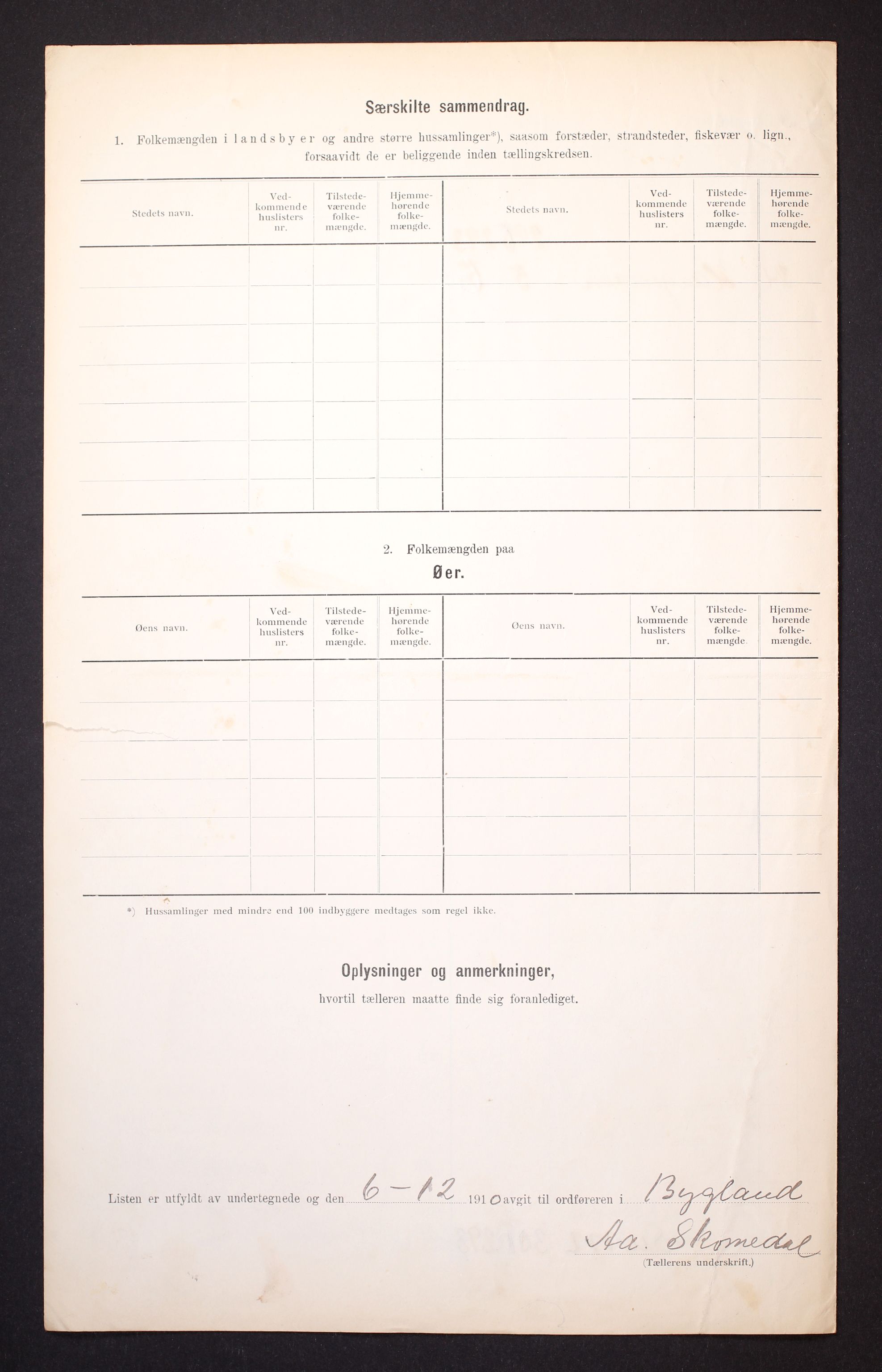 RA, 1910 census for Bygland, 1910, p. 30