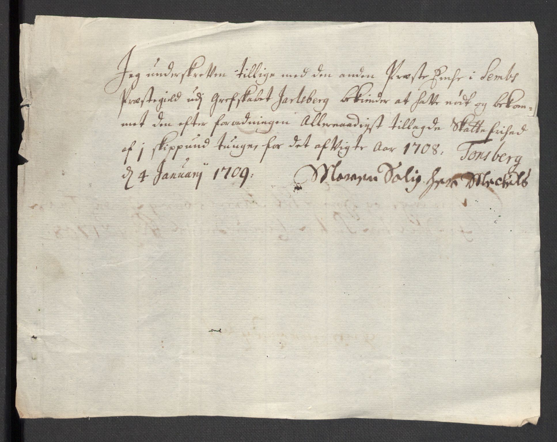 Rentekammeret inntil 1814, Reviderte regnskaper, Fogderegnskap, AV/RA-EA-4092/R32/L1873: Fogderegnskap Jarlsberg grevskap, 1708, p. 263