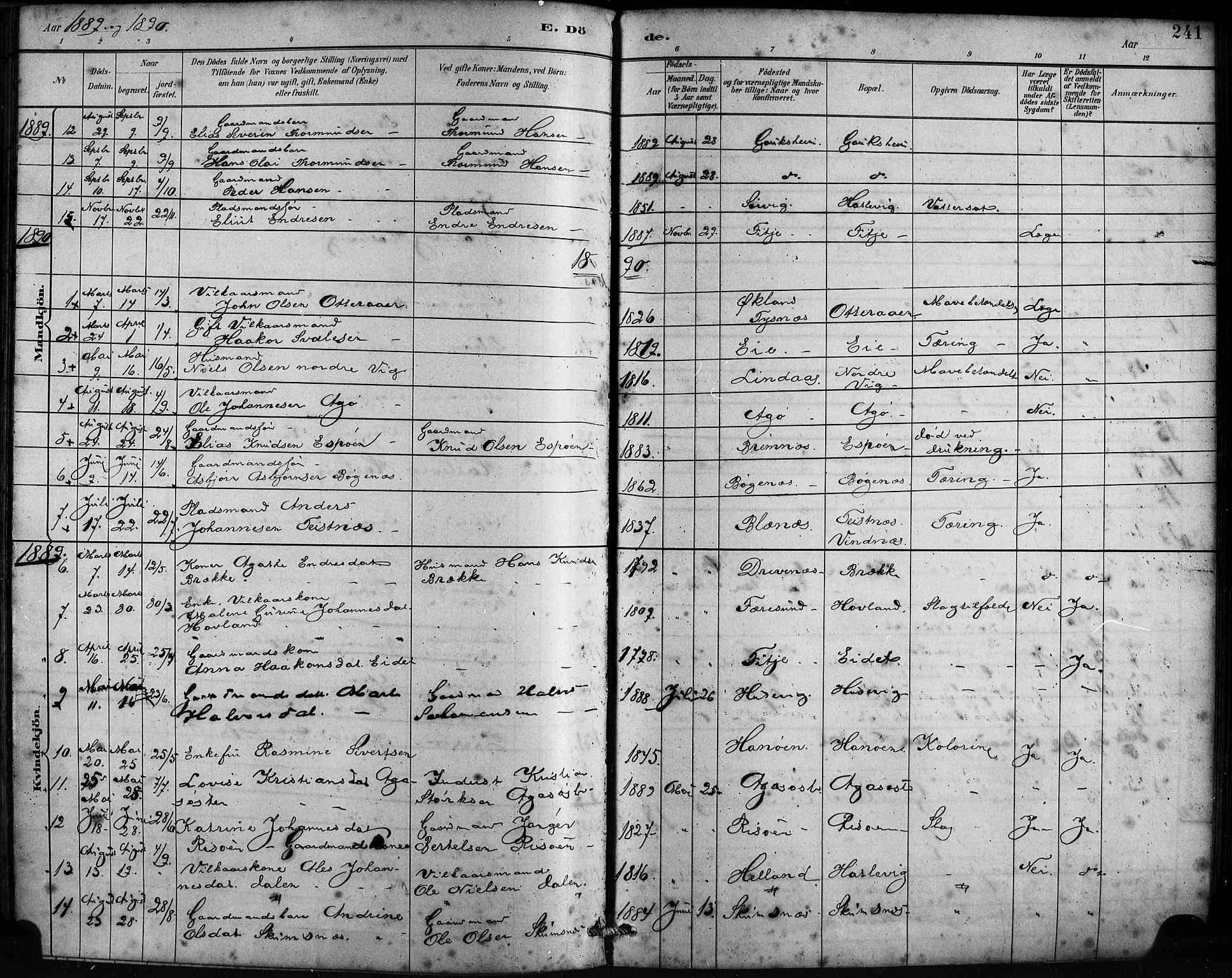Fitjar sokneprestembete, SAB/A-99926: Parish register (official) no. A 2, 1882-1899, p. 241