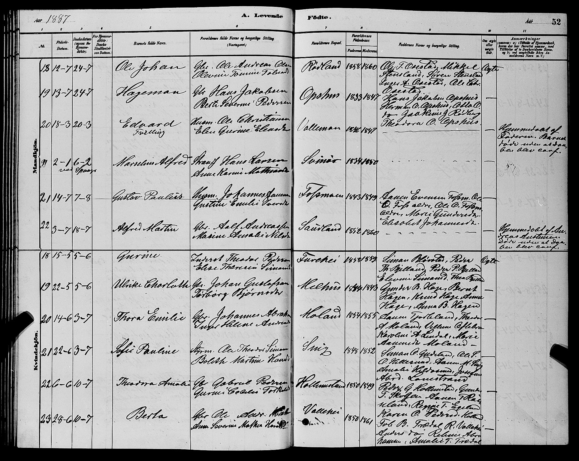 Sør-Audnedal sokneprestkontor, AV/SAK-1111-0039/F/Fb/Fbb/L0005: Parish register (copy) no. B 5, 1880-1892, p. 52