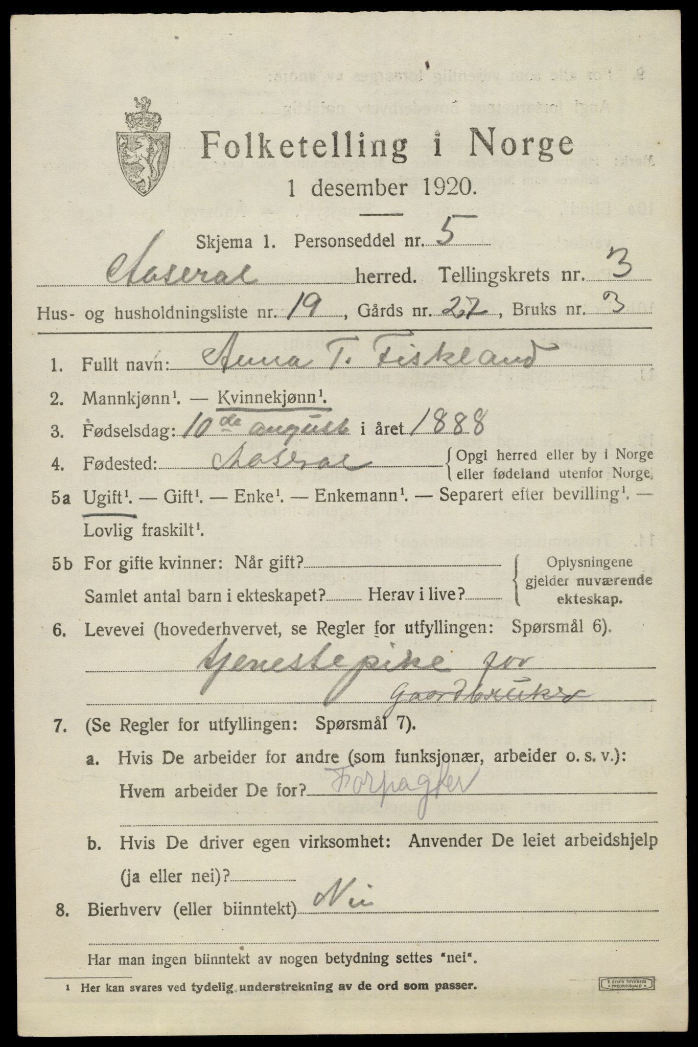 SAK, 1920 census for Åseral, 1920, p. 1180