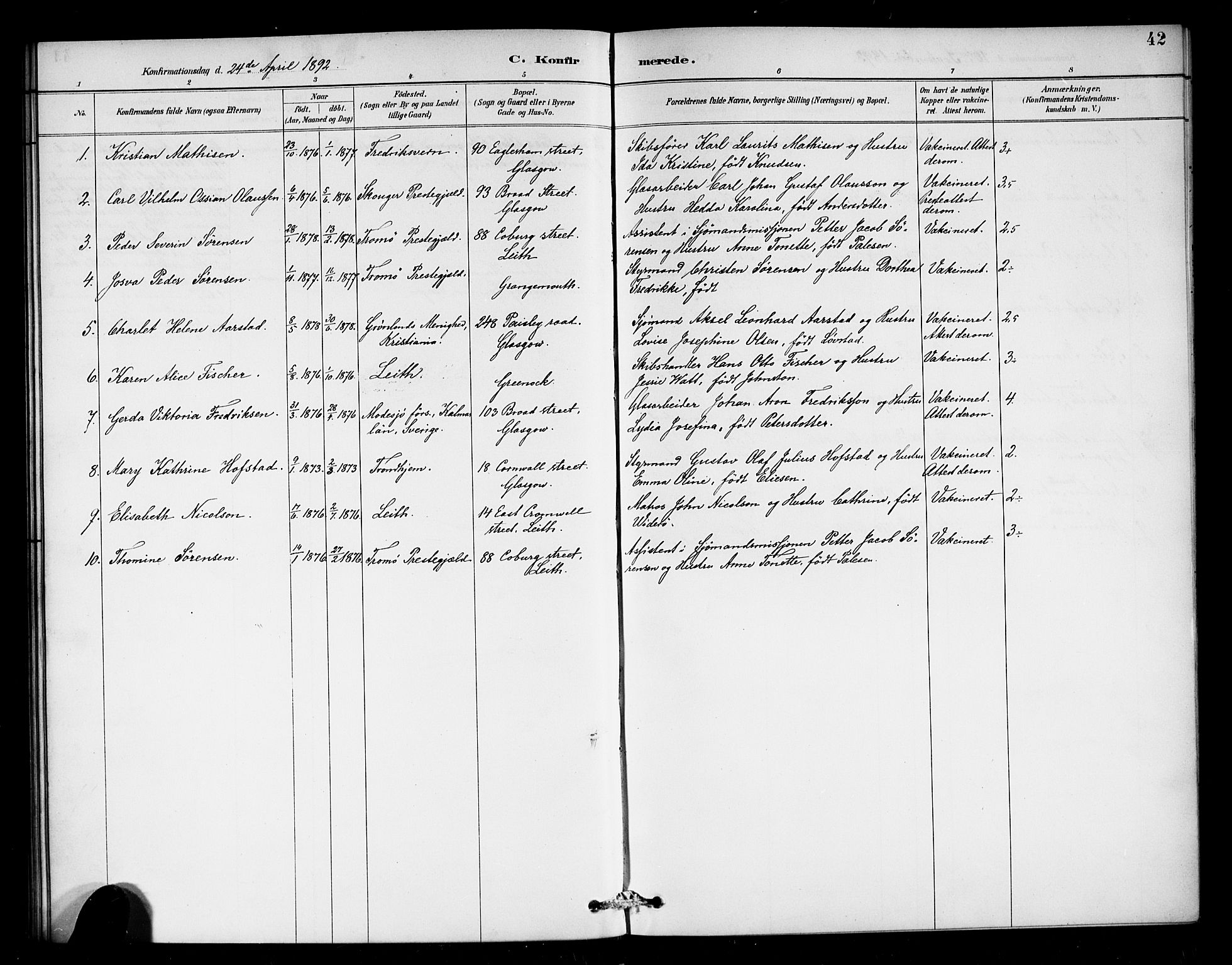 Den norske sjømannsmisjon i utlandet/Skotske havner (Leith, Glasgow), AV/SAB-SAB/PA-0100/H/Ha/Haa/L0003: Parish register (official) no. A 3, 1887-1898, p. 42