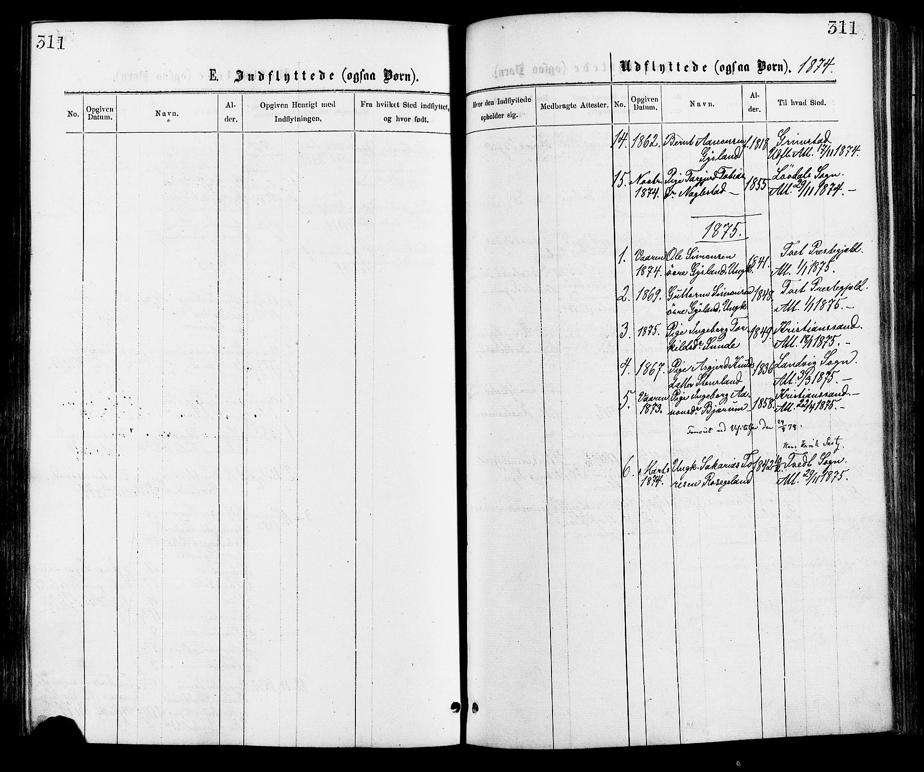 Hægebostad sokneprestkontor, AV/SAK-1111-0024/F/Fa/Faa/L0005: Parish register (official) no. A 5, 1864-1886, p. 311