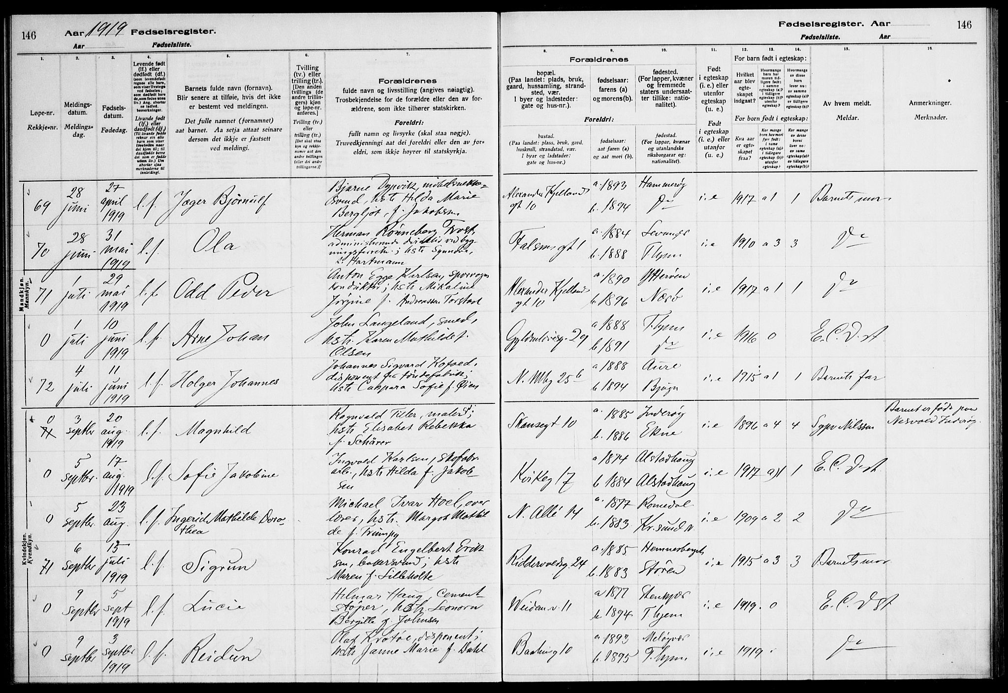 Ministerialprotokoller, klokkerbøker og fødselsregistre - Sør-Trøndelag, AV/SAT-A-1456/604/L0232: Birth register no. 604.II.4.1, 1916-1920, p. 146
