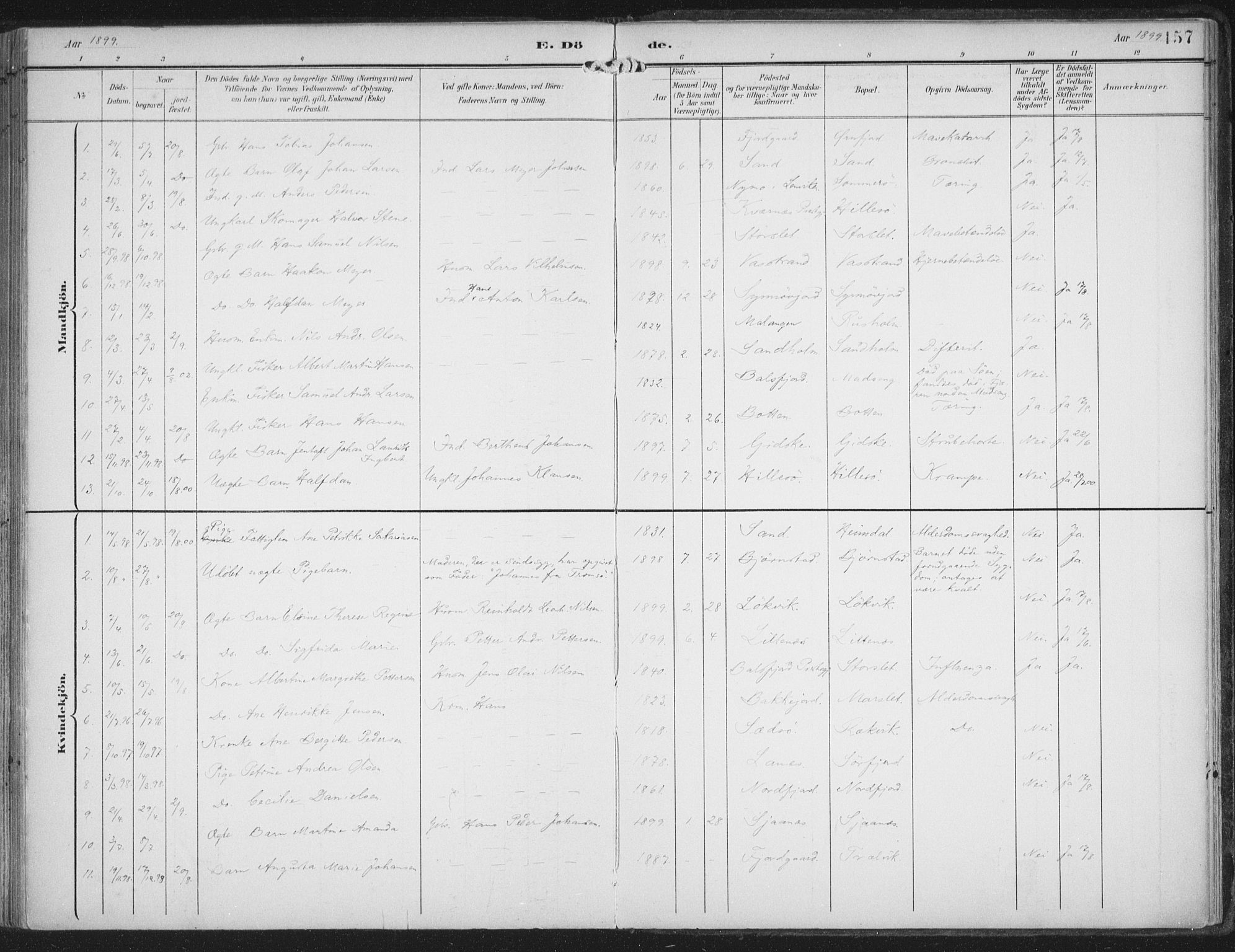 Lenvik sokneprestembete, SATØ/S-1310/H/Ha/Haa/L0015kirke: Parish register (official) no. 15, 1896-1915, p. 157
