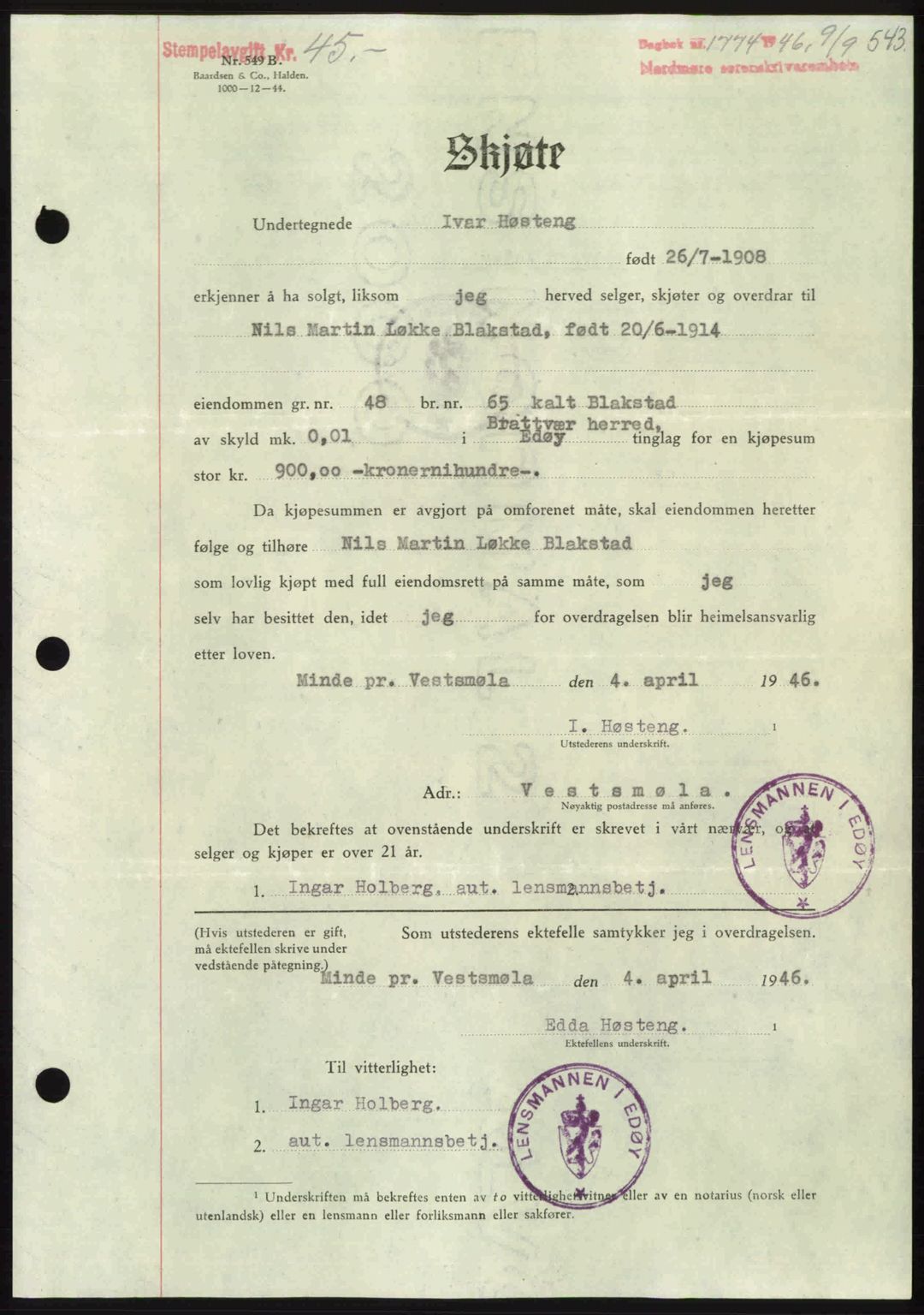 Nordmøre sorenskriveri, AV/SAT-A-4132/1/2/2Ca: Mortgage book no. A102, 1946-1946, Diary no: : 1774/1946