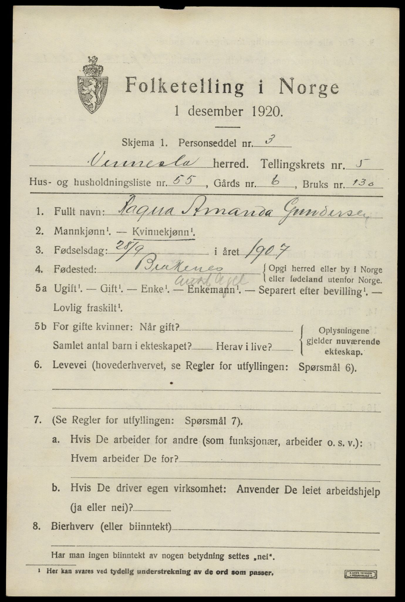 SAK, 1920 census for Vennesla, 1920, p. 4130