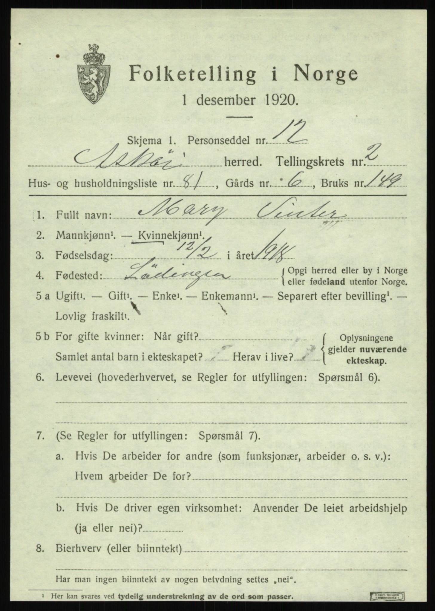 SAB, 1920 census for Askøy, 1920, p. 5516