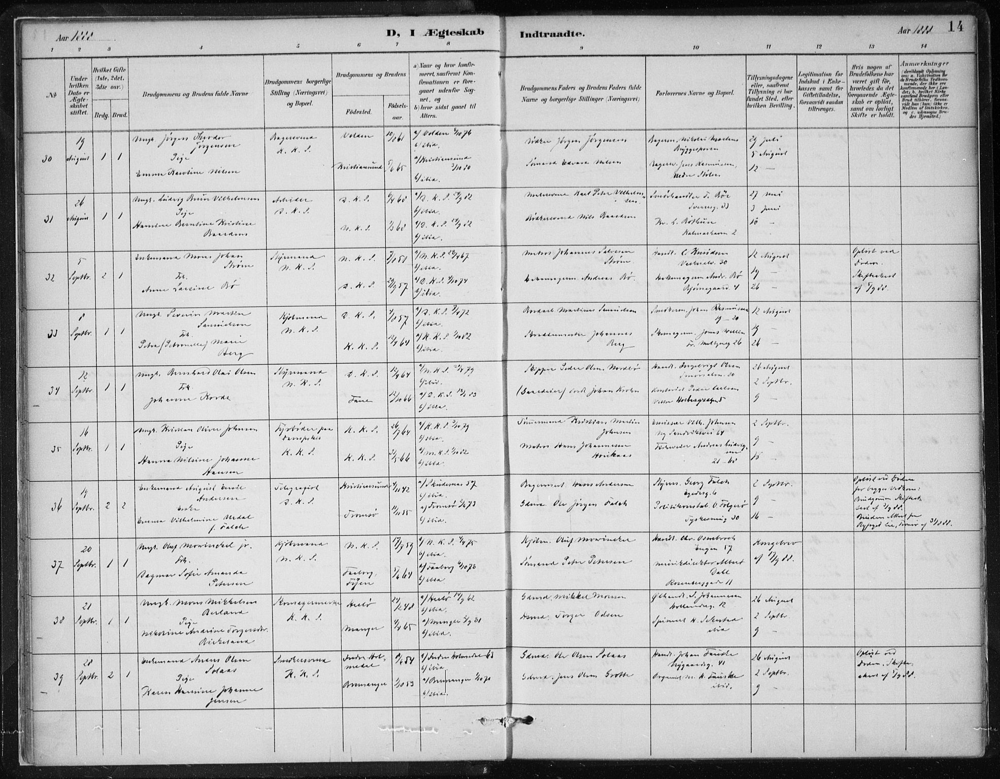 Korskirken sokneprestembete, AV/SAB-A-76101/H/Hab: Parish register (copy) no. D 3, 1887-1906, p. 14