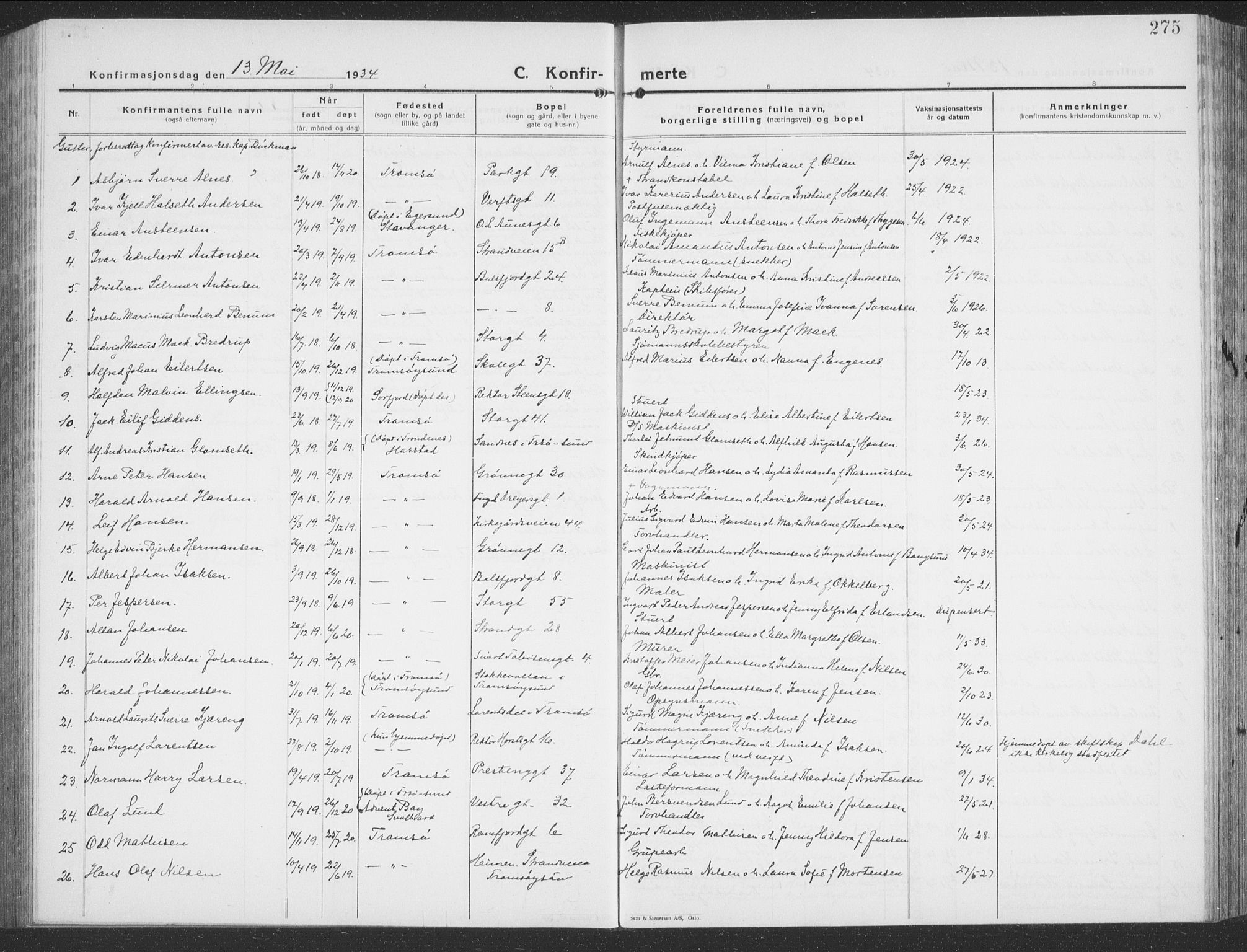 Tromsø sokneprestkontor/stiftsprosti/domprosti, SATØ/S-1343/G/Gb/L0010klokker: Parish register (copy) no. 10, 1925-1937, p. 275