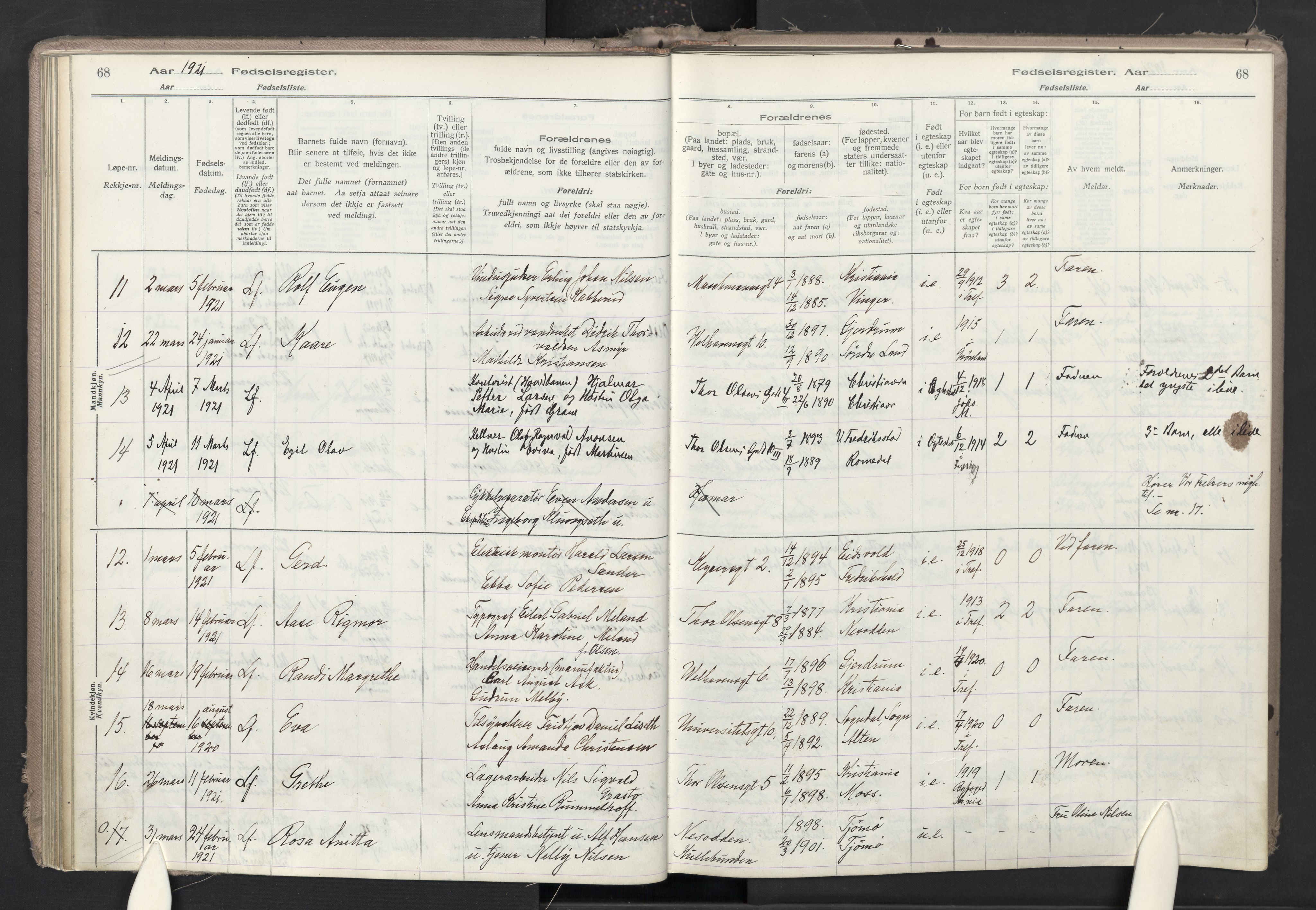 Trefoldighet prestekontor Kirkebøker, AV/SAO-A-10882/J/Ja/L0001: Birth register no. 1, 1916-1931, p. 68