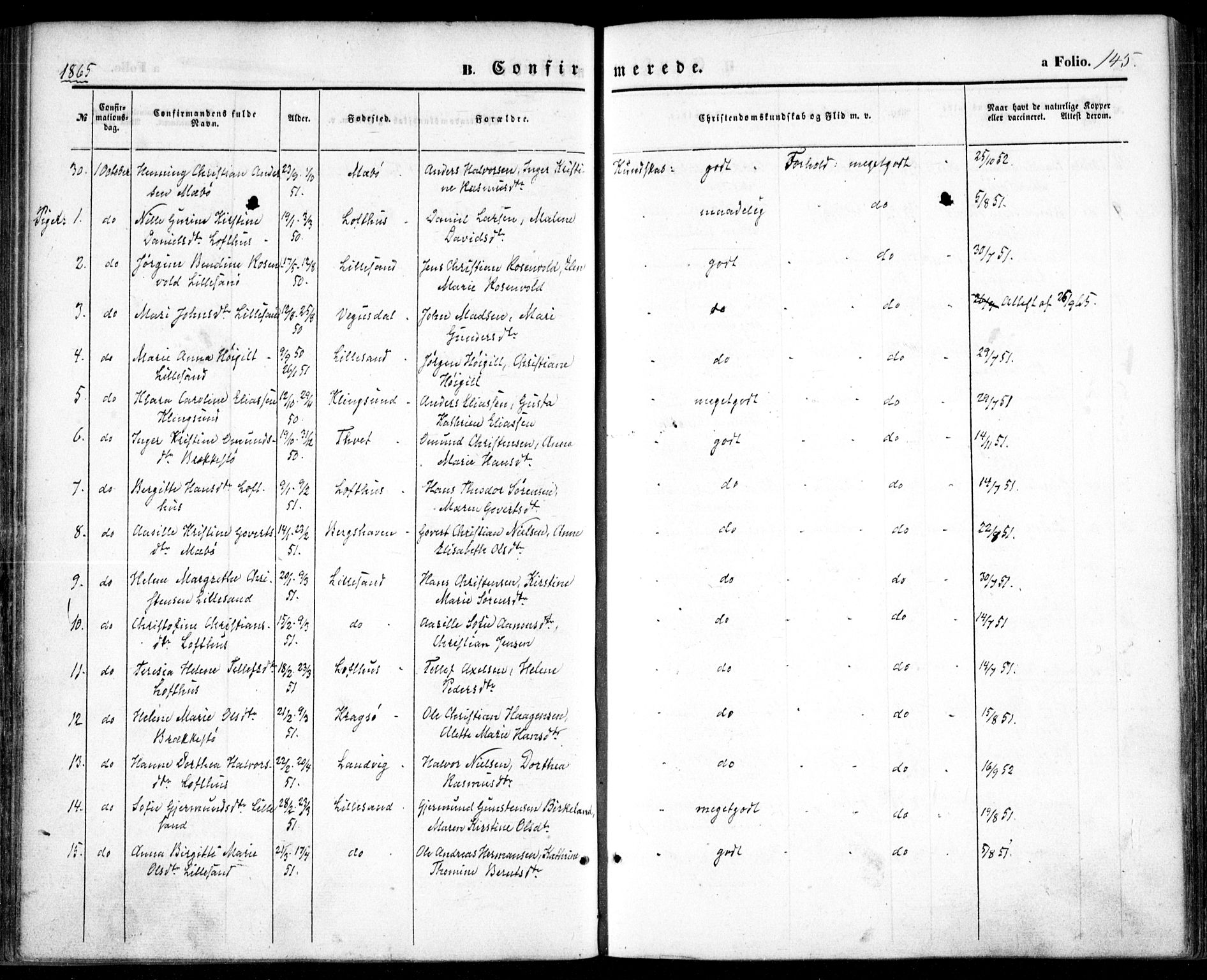 Vestre Moland sokneprestkontor, SAK/1111-0046/F/Fa/Fab/L0007: Parish register (official) no. A 7, 1859-1872, p. 145