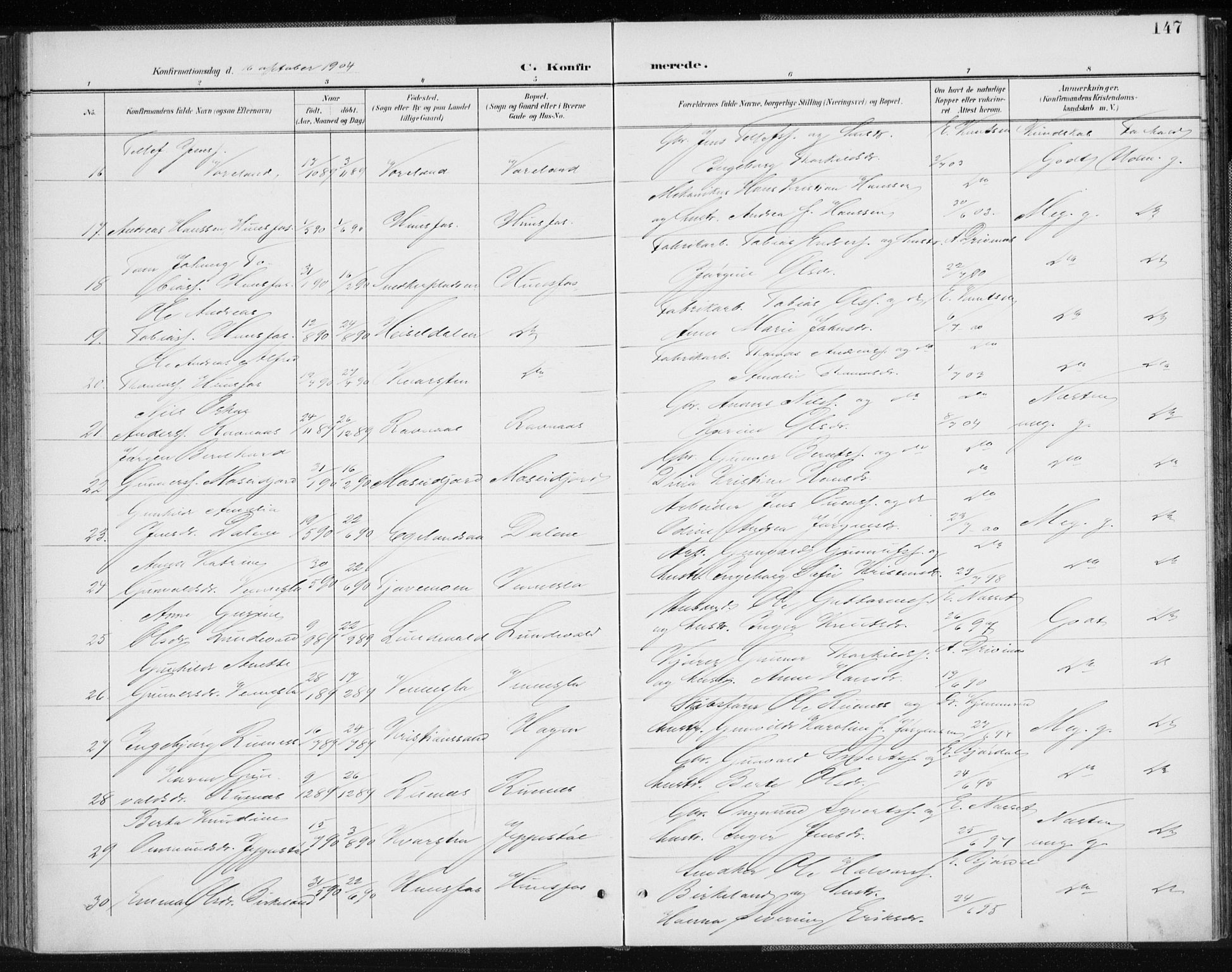 Vennesla sokneprestkontor, AV/SAK-1111-0045/Fa/Fab/L0005: Parish register (official) no. A 5, 1897-1909, p. 147