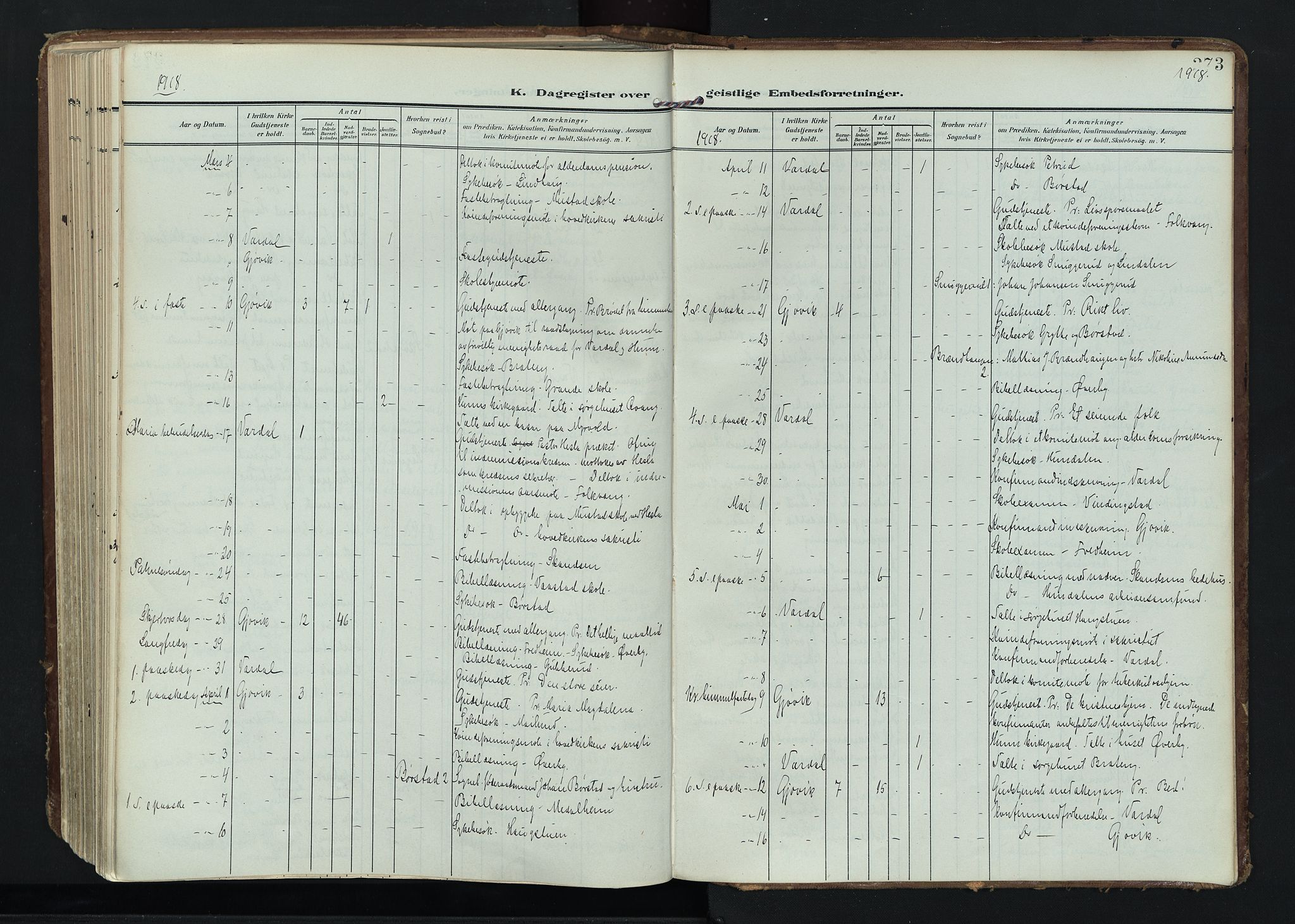 Vardal prestekontor, SAH/PREST-100/H/Ha/Haa/L0020: Parish register (official) no. 20, 1907-1921, p. 273