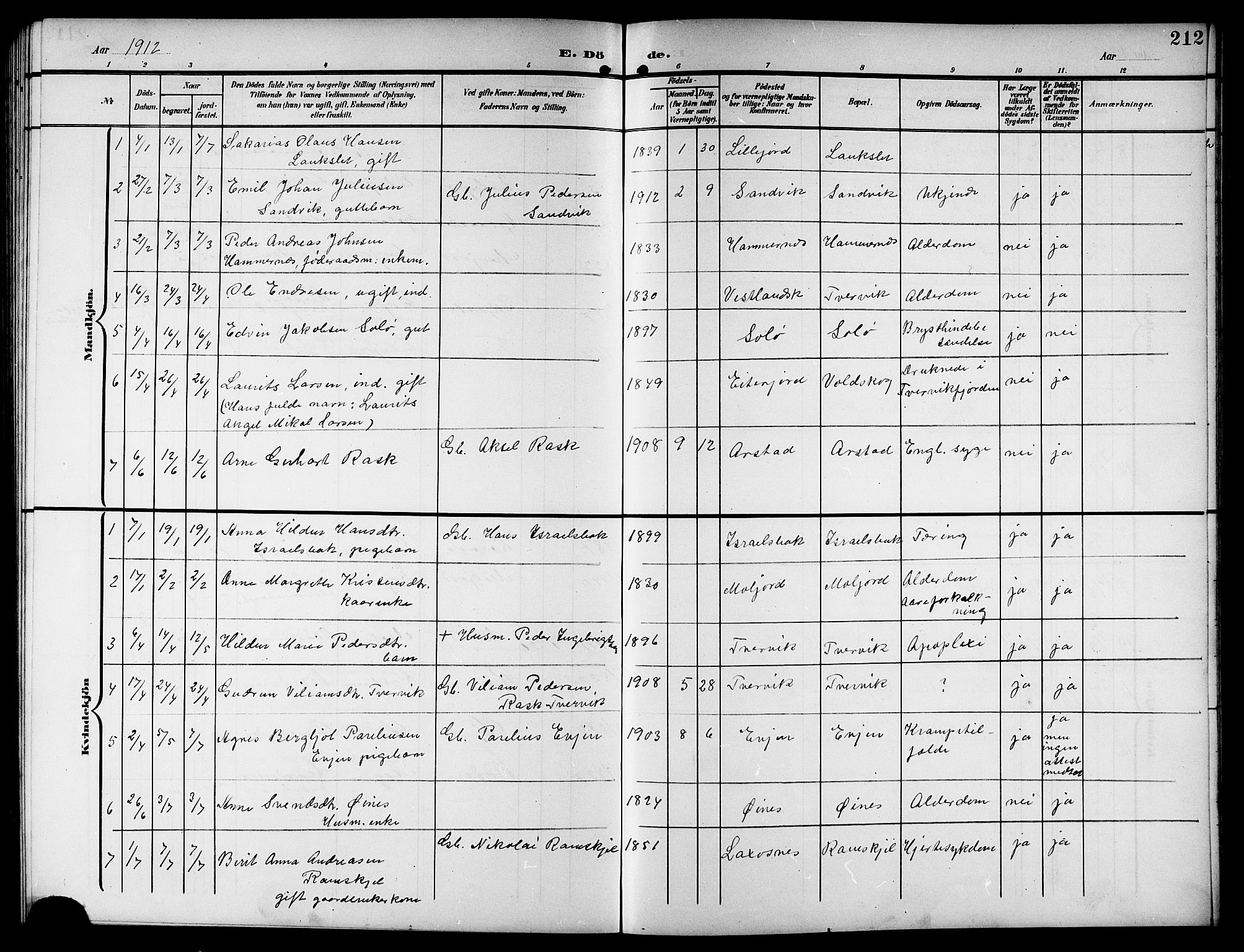 Ministerialprotokoller, klokkerbøker og fødselsregistre - Nordland, SAT/A-1459/846/L0655: Parish register (copy) no. 846C05, 1902-1916, p. 212