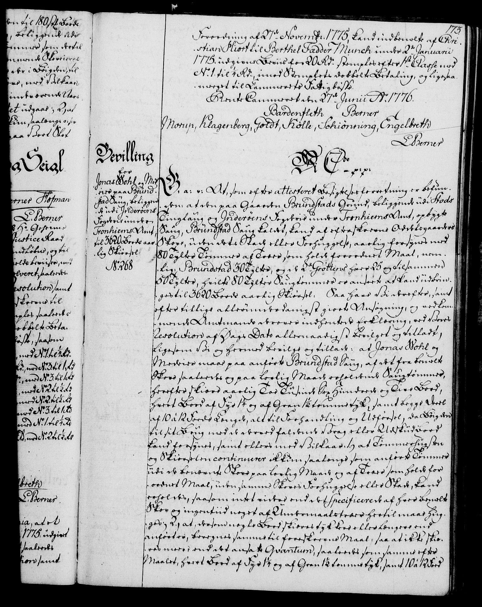 Rentekammeret, Kammerkanselliet, RA/EA-3111/G/Gg/Gga/L0010: Norsk ekspedisjonsprotokoll med register (merket RK 53.10), 1773-1778, p. 173