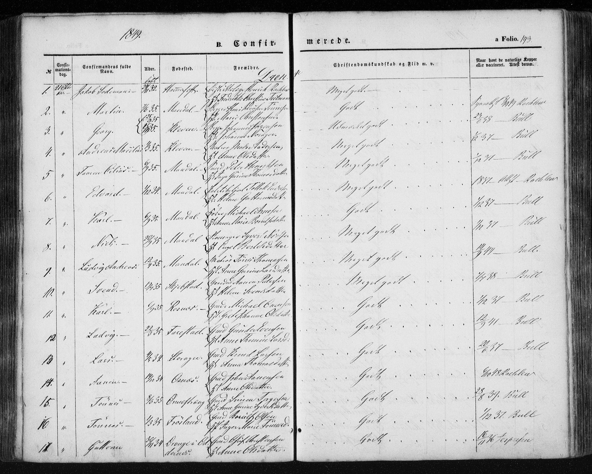 Mandal sokneprestkontor, AV/SAK-1111-0030/F/Fa/Faa/L0013: Parish register (official) no. A 13, 1847-1859, p. 193