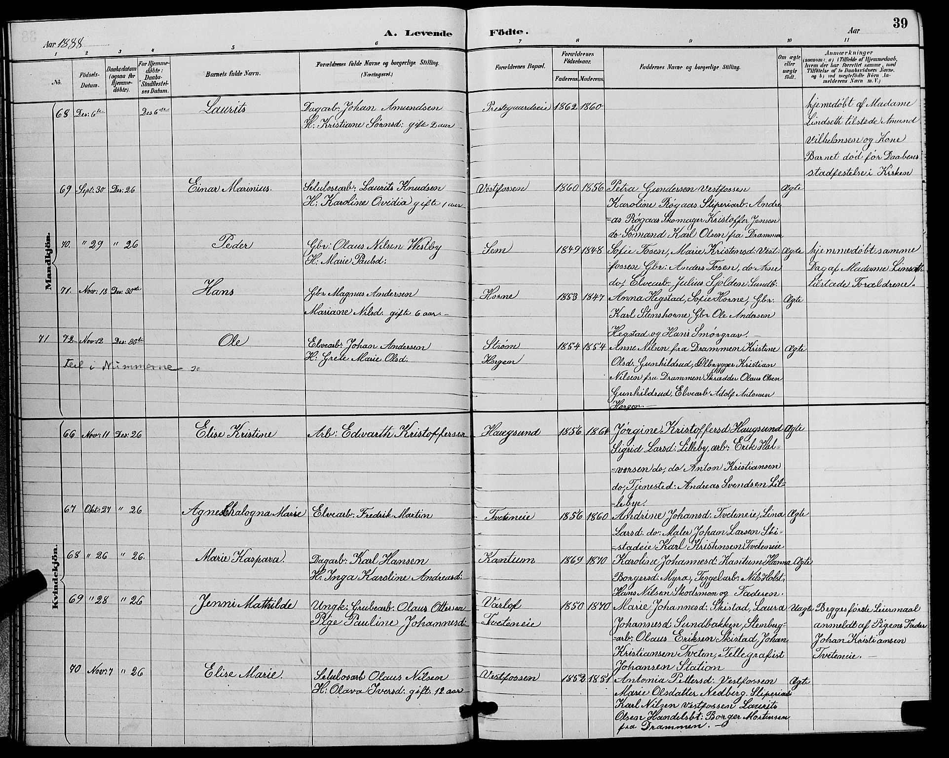 Eiker kirkebøker, AV/SAKO-A-4/G/Ga/L0006: Parish register (copy) no. I 6, 1885-1893, p. 39