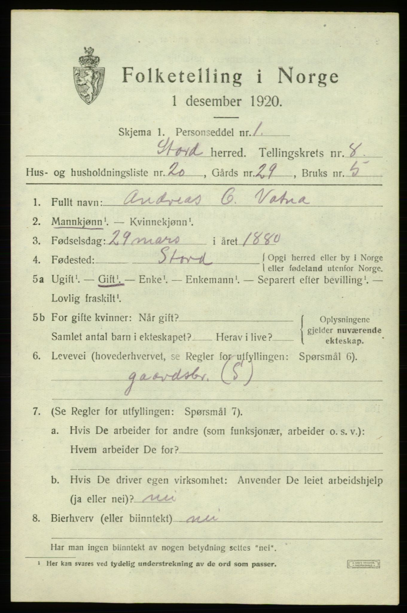 SAB, 1920 census for Stord, 1920, p. 4697