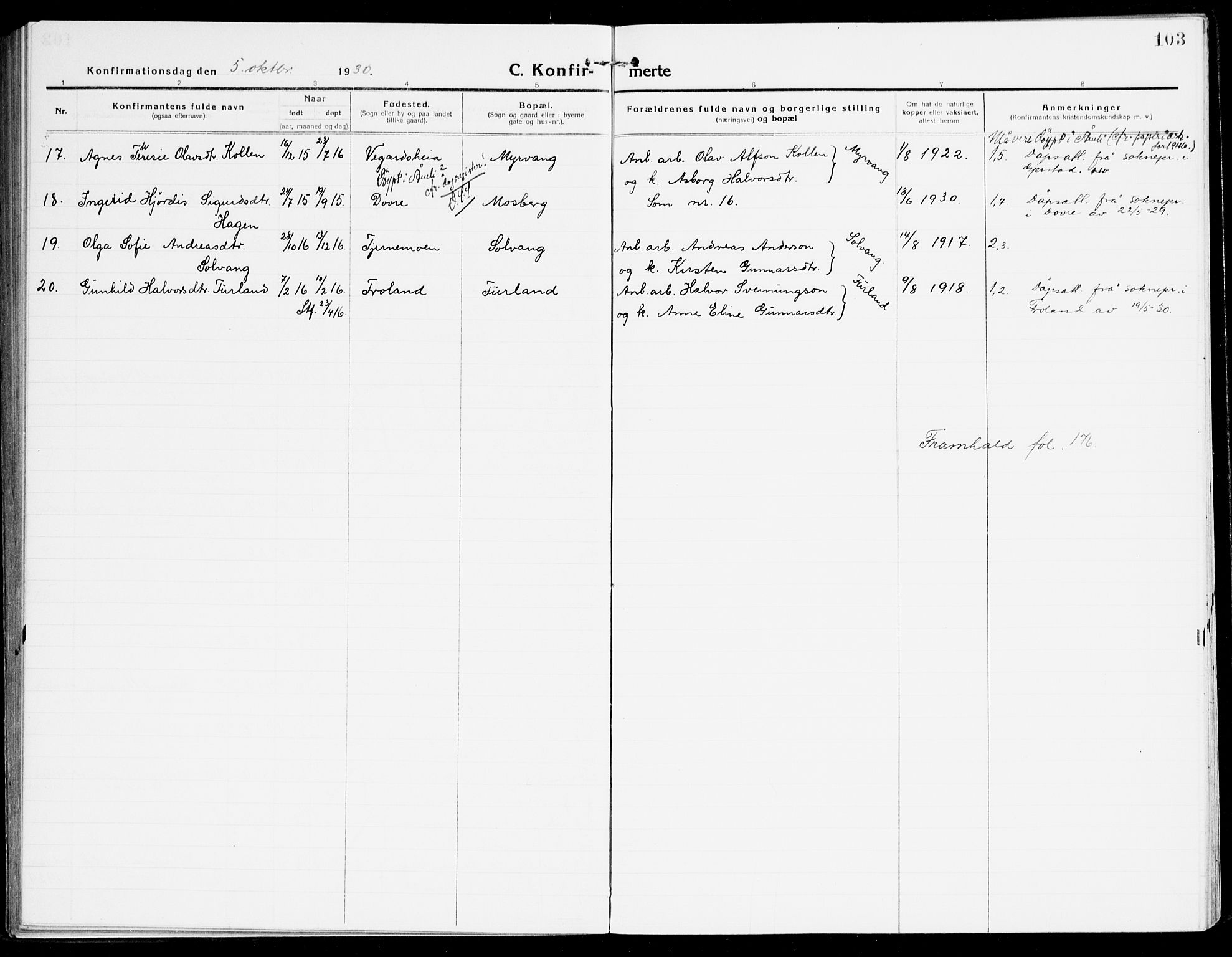 Åmli sokneprestkontor, AV/SAK-1111-0050/F/Fa/Fac/L0013: Parish register (official) no. A 13, 1914-1933, p. 103