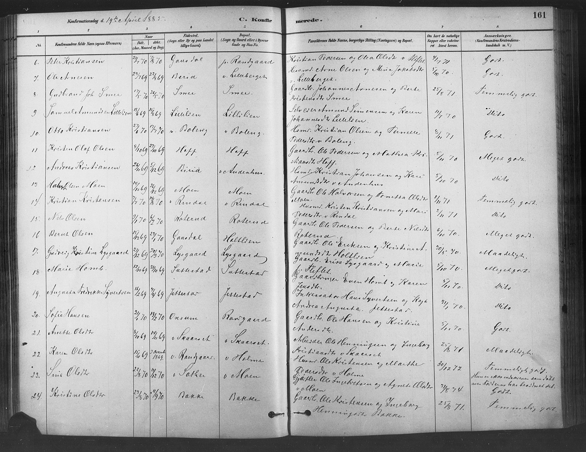 Fåberg prestekontor, SAH/PREST-086/H/Ha/Haa/L0009: Parish register (official) no. 9, 1879-1898, p. 161