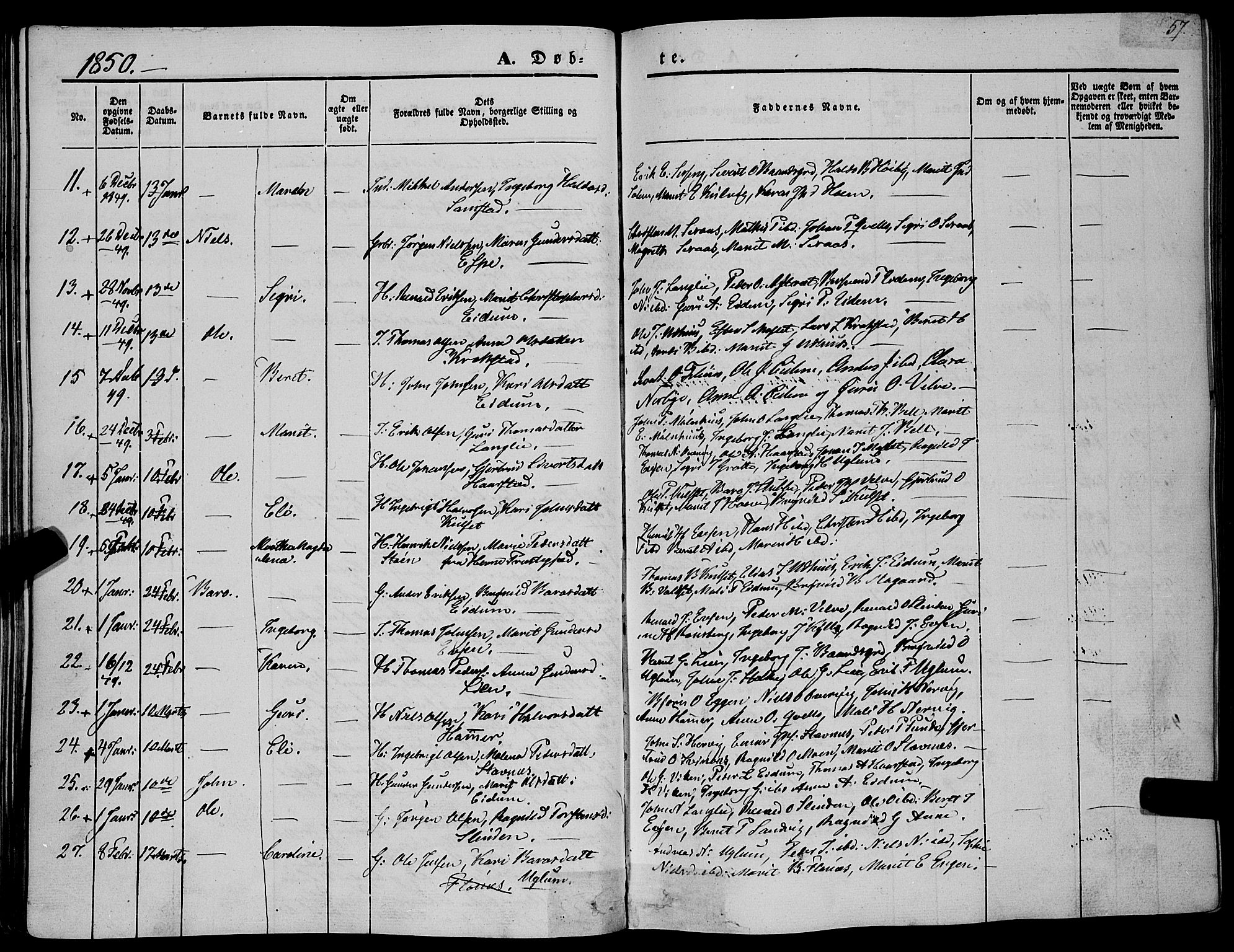 Ministerialprotokoller, klokkerbøker og fødselsregistre - Sør-Trøndelag, SAT/A-1456/695/L1145: Parish register (official) no. 695A06 /1, 1843-1859, p. 57